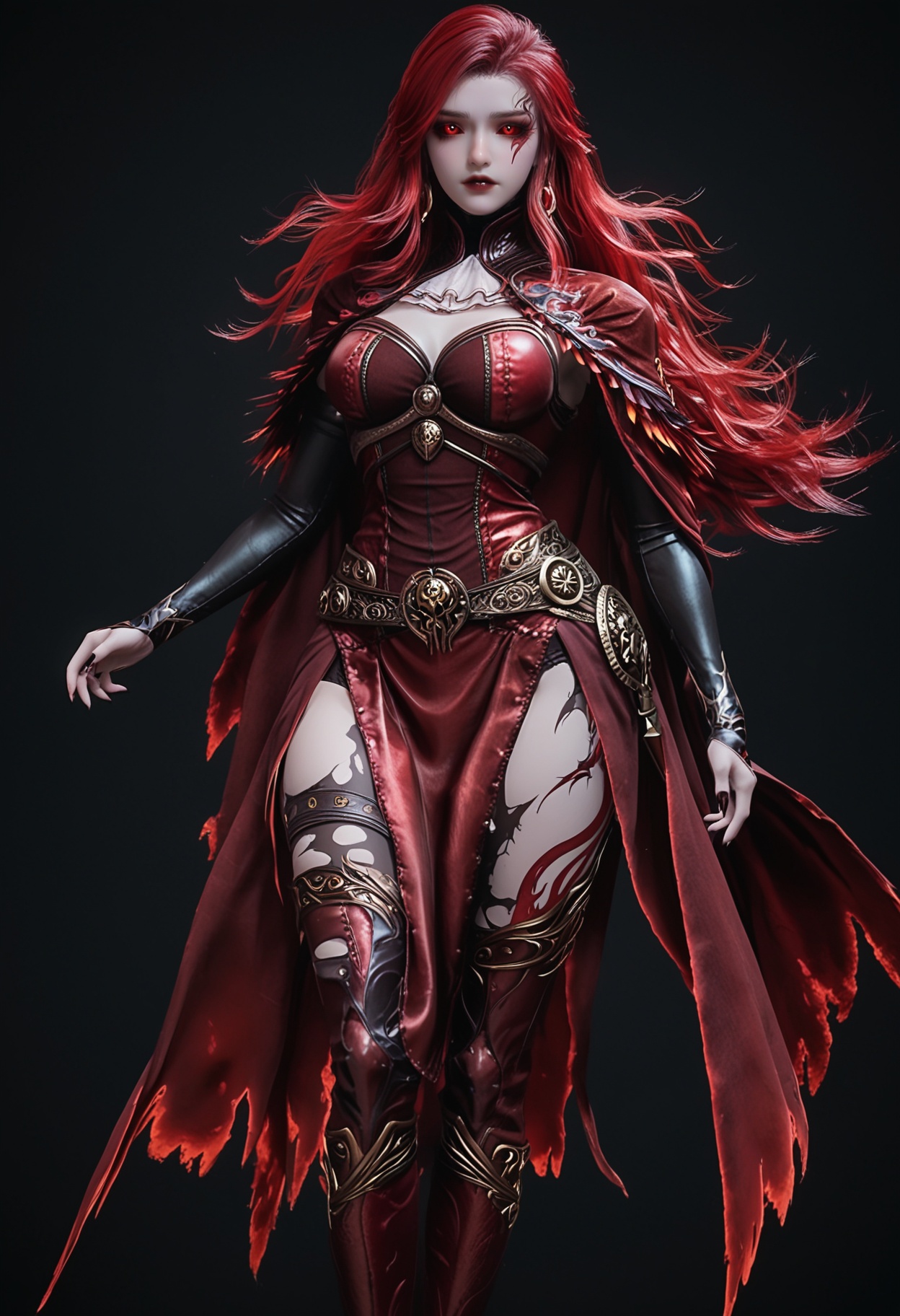 (upper_body:1.2),score_9,score_8_up,masterpiece,(best quality),intricate details,facing viewer,(looking at viewer:1.1),<lora:YQ_pony_maxiaotao_fuzhang2_V4:0.8>,q1528437228,1girl,solo,long hair,red hair,red eyes,dress,cape,belt,boots,jewelry,red dress,thighhighs,earrings,colored sclera,black sclera,high heels,torn clothes,tattoo,red cape,ascot,brown eyes,facial mark,gloves,armor,glowing eyes,red sclera,thigh boots,high heel boots,white ascot,black footwear,BREAK(score_9:1.2),(score_8_up:1.2),masterpiece,best quality,very aesthetic,perfect anatomy,(hourglass),perfect face,(simple background,pure black background,black background:1.1),fair_skin,(shiny_skin:1.1),Ivory_skin,