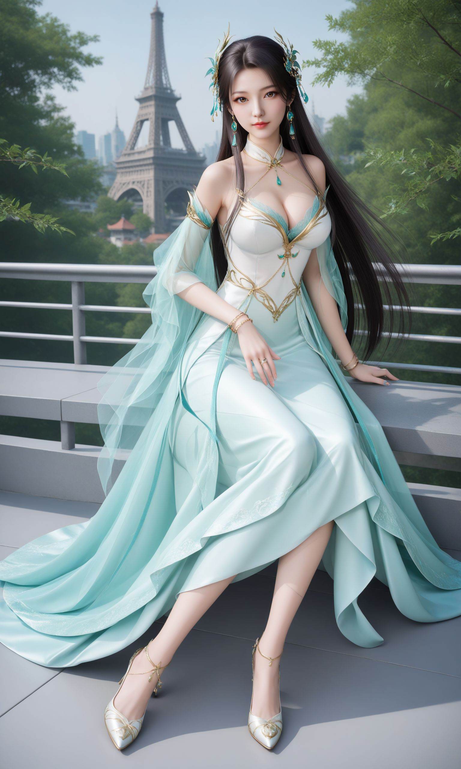 score_9,masterpiece,best quality,very aesthetic,absurdres,newest,(mature female,milf),realistic,<lora:Pony_DetailV2.0:1>,<lora:add-detail-xl:2>,(masterpiece, top quality, best quality, official art, beautiful and aesthetic:1.2),Realistic,hanfu,(Traditional Asian-inspired attire with a vibrant floral accessory and intricate hair ornament),realistic,hanfu photography,hanfu,1girl,fair_skin,glamor,very long hair,absurdres,incredibly absurdres,wallpaper,artbook,chinese_style_loft,turret,tower,handrail,dynamic_angle,depth of field,looking_at_viewer,solo,bare shoulders,dress,artist name,depth of field,1girl,looking_at_viewer,(eye-contact:1.3),stare,Cleavage,bracelet,breasts out,lace-trimmed_dress,white and green dress,(leaf:1.4),(full_body:1.4),(long_skirt:1.4),<lora:XXE_PONY:0.6>,xiaoxuner,(dynamic pose:1.4),high_heels,sitting,sitting_on_chair,