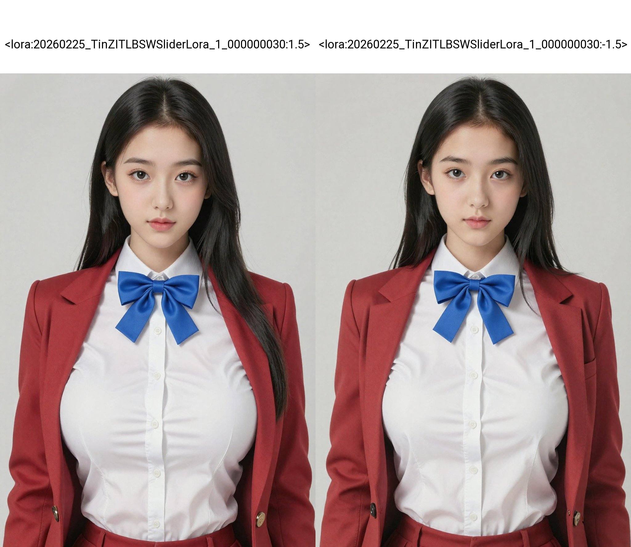 <lora:20260225_TinZITLBSWSliderLora_1_000000030:1.5>, This is a photograph of a young woman with fair skin and long straight black hair, large breasts. She was wearing a thick white button-down shirt with a blue bow tie, and a red suit jacket over it.