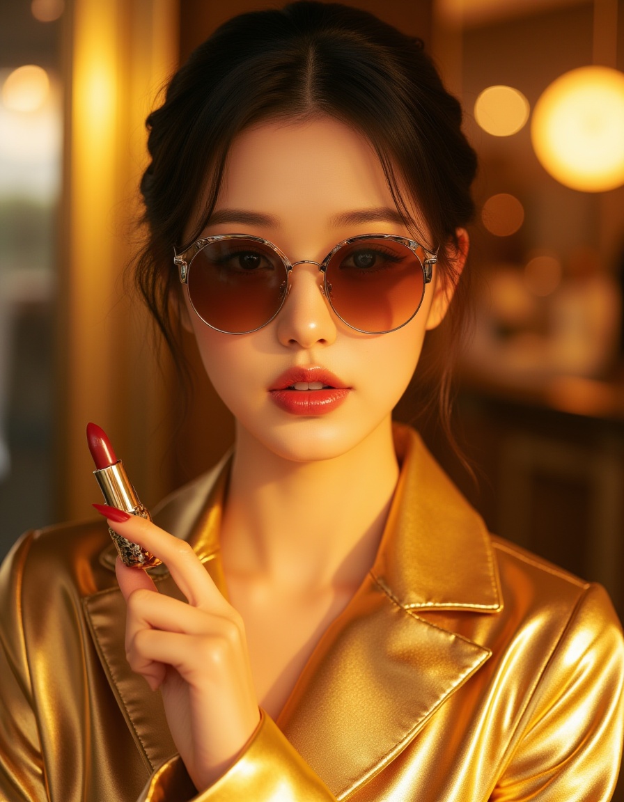 this is a picture of a fashionable south korea woman,she had a lipstick in her hand,she was dressed in solid gold and had a metallic sheen,japanese y2k style,she was wearing brown sunglasses,