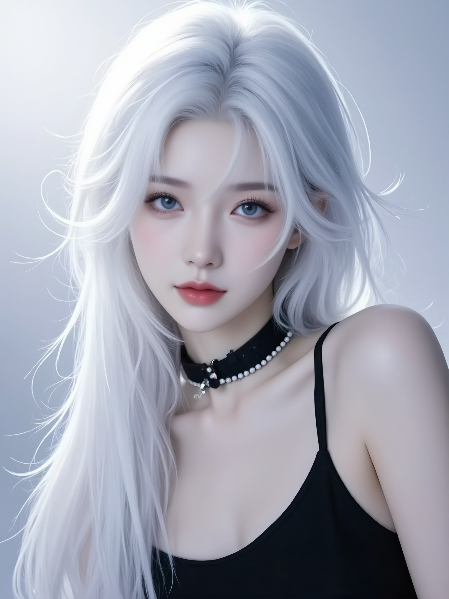 <lora:YY-拽姐F.1:1>,This is a highly detailed digital illustration of a young woman with a delicate,ethereal appearance. She has a pale,porcelain complexion and large,expressive blue eyes framed by long,wispy,silver-white hair that cascades around her face. Her hair is tousled and slightly disheveled,adding to her enigmatic allure. She wears a black choker with a row of small,white beads,and her attire is minimalist,with a black,sleeveless top that accentuates her slender shoulders and upper arms. Her lips are slightly parted,revealing a hint of pink lipstick,and her facial features are symmetrical and delicate. The background is a soft gradient of light grey,which contrasts starkly with her stark white hair,drawing attention to her face and the intricate details of her makeup. The overall style of the illustration is hyper-realistic,with a focus on fine details such as the texture of her hair and the subtle shading on her skin. The composition is intimate and close-up,focusing on her face and upper body,creating a sense of introspection and vulnerability.,