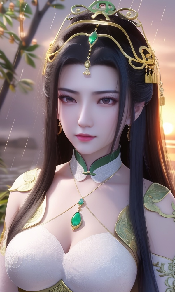 (,1girl, ,best quality, ),looking at viewer, <lora:404-DA-仙逆-凤栾:0.8> ,,ultra detailed 8k cg, ultra detailed background ,ultra realistic 8k cg, flawless,  tamari \(flawless\), professional artwork, famous artwork, cinematic lighting, cinematic bloom, (( , )),, dreamlike, unreal, science fiction,  luxury, jewelry, diamond, pearl, gem, sapphire, ruby, emerald, intricate detail, delicate pattern, charming, alluring, seductive, erotic, enchanting, hair ornament, necklace, earrings, bracelet, armlet,halo,masterpiece, (( , )),, realistic,science fiction,mole,   ,cherry blossoms,,(((Best quality, masterpiece, ultra high res, (photorealistic:1.4), raw photo, 1girl, ,rain, , sunlight, sunset, qianqiu wanxia,     )))  (()), (), 