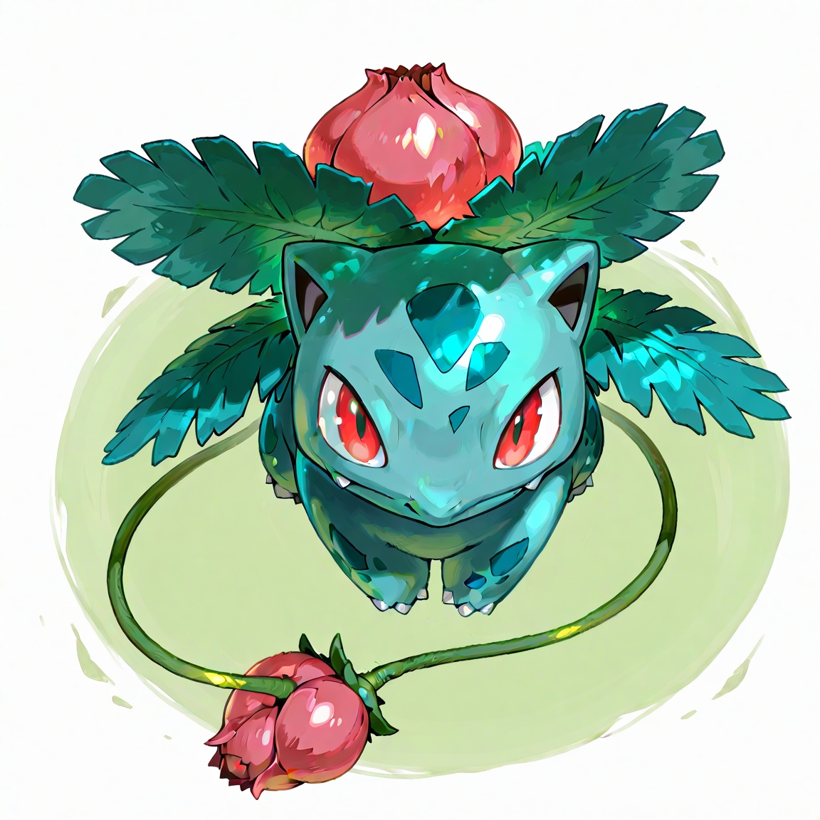 masterpiece,ivysaur,best quality,feral,solo,bud,red eyes,green body,full body,simple background,(vines:0.7),3 toes,pokemon \(creature\),<lora:ivysaur XL:1>,front view,from_above,