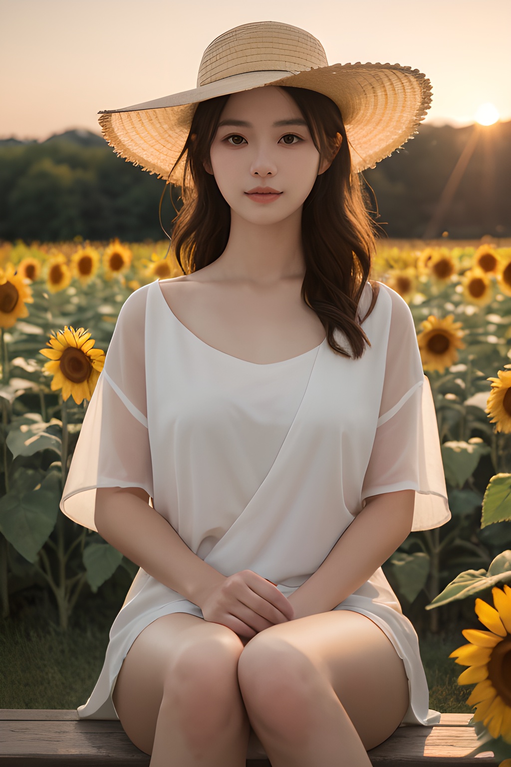 <lora:0809_01:0.7>,a girl with a sun hat, sitting in a field of sunflowers, bathed in the golden glow of sunset, warm hues, peaceful ambiance, natural beauty.korean girl,black hair,, 1girl,realistic,masterpiece, best quality, photorealistic, HDR,detail