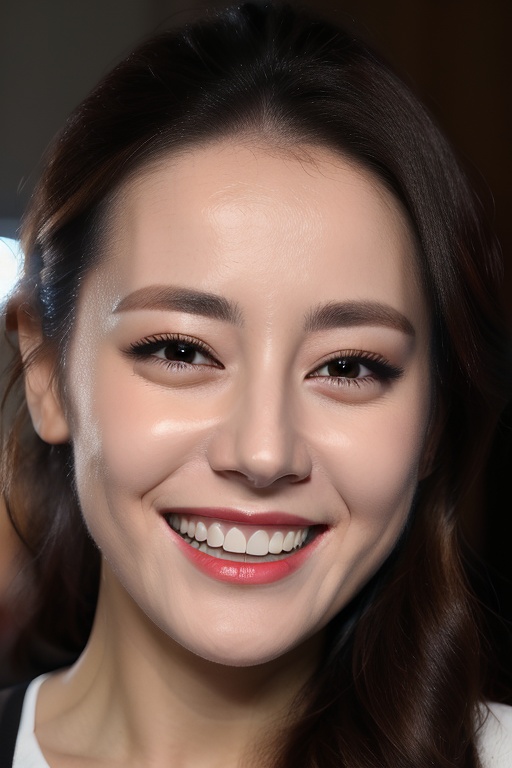 PHOTOREALISTIC,REALISTIC,masterpiece,best quality,highres,ultra detailed,8k,1woman,portrait,strobe lighting,looking at viewer, makeup,smile,teeth,night,<lora:dilireba_alexnsfw3.0:0.6>,dilireba