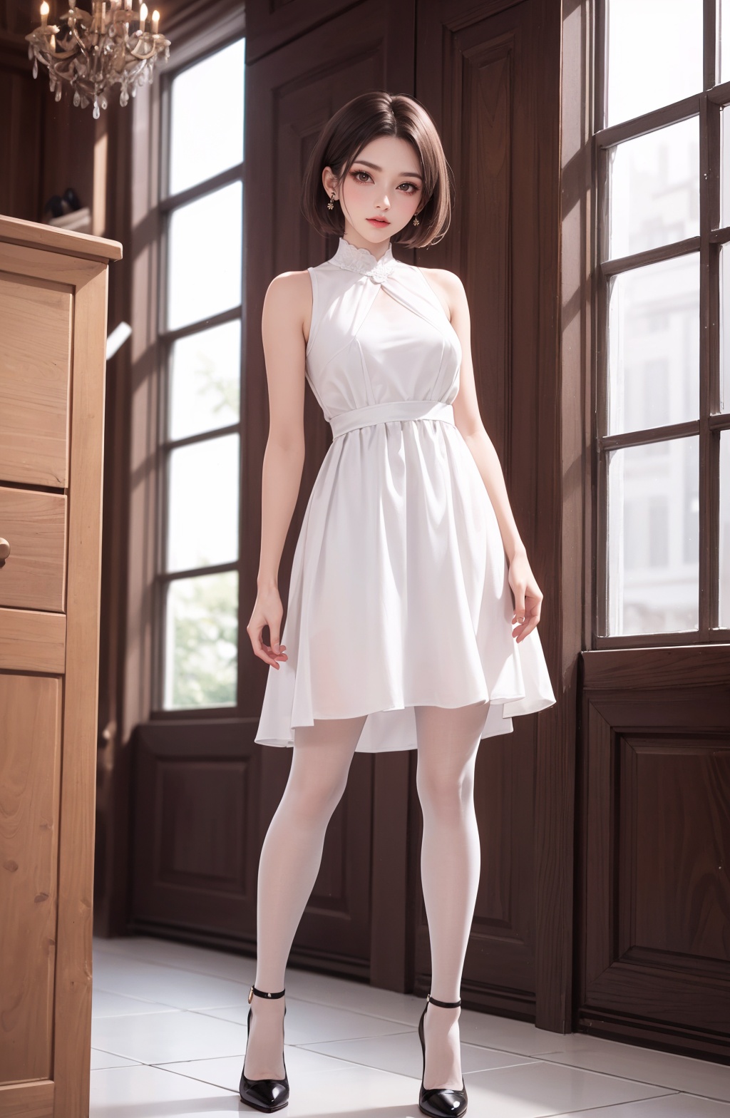 1girl,high heels,pantyhose,solo,dress,short hair,brown hair,white dress,black footwear,standing,indoors,looking at viewer,brown eyes,sleeveless,