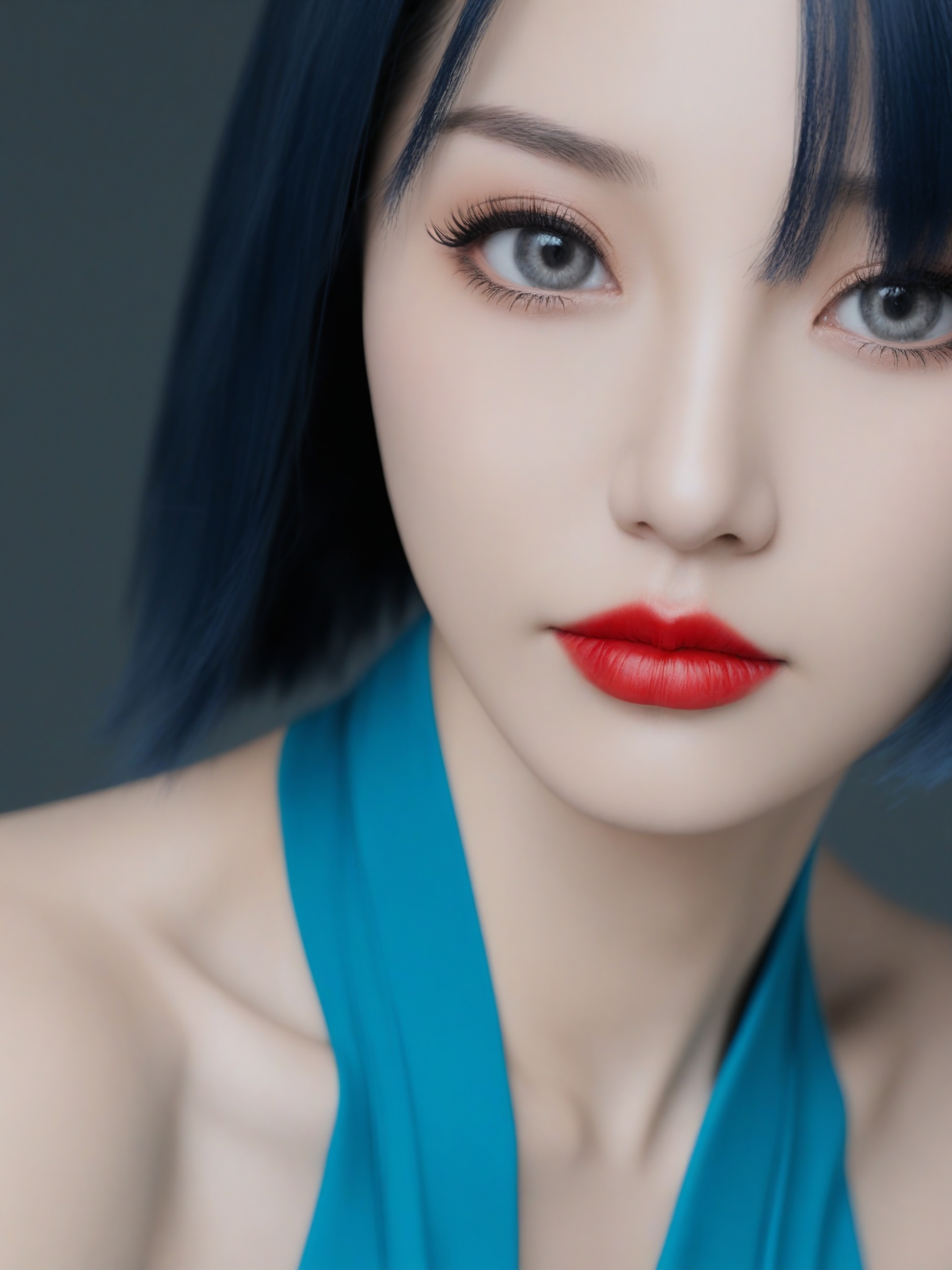 1girl, solo, looking at viewer, red lips, close-up, realistic, portrait, makeup, black hair, closed mouth, black eyes, eyelashes, bare shoulders, lips, lipstick, short hair, blurry, grey eyes, blue hair, photorealistic,, best quality, masterpiece,(realistic:1.25), photo-realistic,