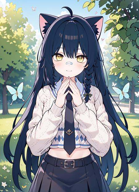 (masterpiece, highres, best quality, nice hands, perfect hands), ((zeyan, ((1girl:1.5)), dark blue hair, yellow eyes, very long hair, straight hair:1.5, ahoge, single braid, cat ears, bandaid:1.5, blue necktie, crop top, beige sweater vest, white shirt, blue skirt, happy, looking at viewer, )),<lora:NewZeyanV1:0.45:lbw=CHARACTER>, <lora:GoodHands-beta2:1>, butterfly garden, surrounded by fluttering butterflies, sunlight filtering through leaves, spring, 