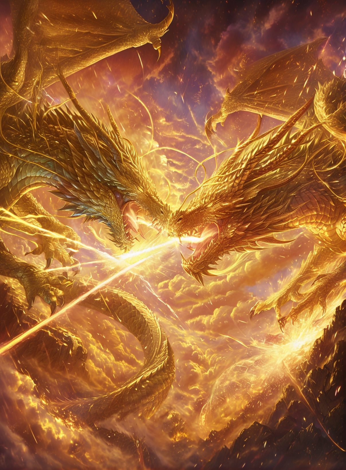 a dramatic and intense scene of two massive dragons clashing heads. The dragons are intricately detailed, with scales, sharp claws, and fiery eyes. They are surrounded by a fiery, golden aura, with sparks flying around them. The backdrop is a tumultuous sky with swirling clouds, and the dragons appear to be on a rocky terrain. The overall atmosphere is one of chaos, power, and conflict<lora:KING Gardon-000010:1>