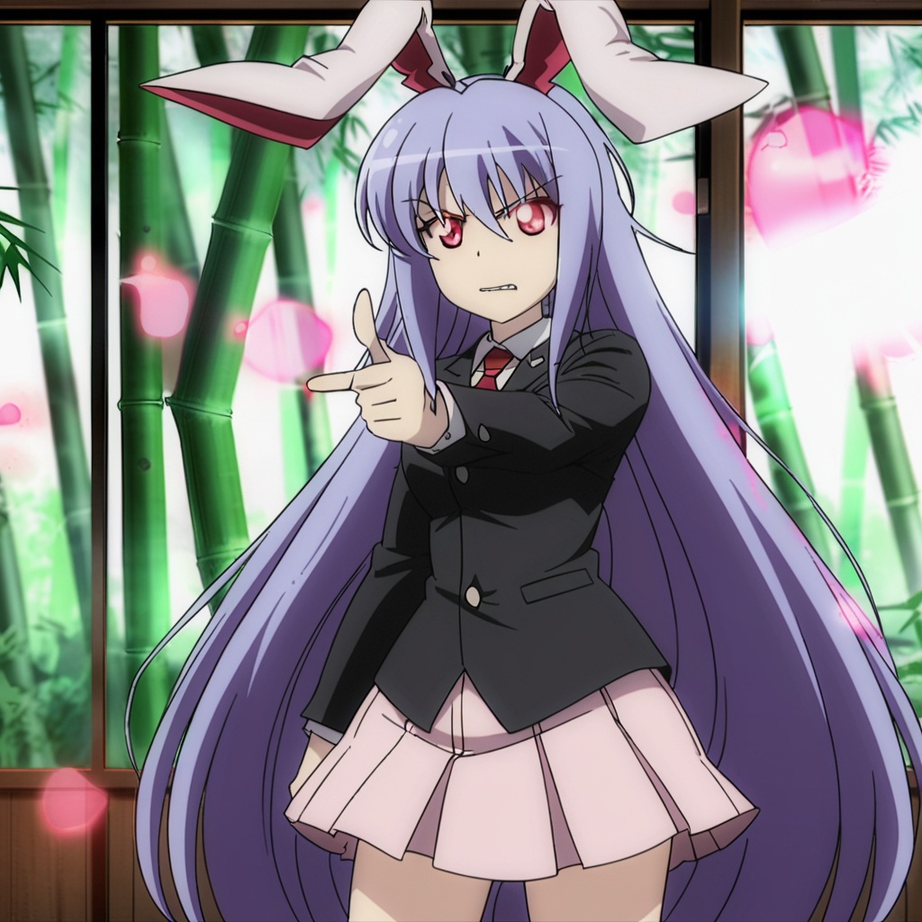 masterpiece, best quality, <lora:tgm-xl-a3.1:1>, anime coloring, reisen udongein inaba, 1girl, animal ears, long hair, rabbit ears, solo, red eyes, very long hair, forest, skirt, bamboo, bamboo forest, nature, glowing, jacket, purple hair, blazer, finger gun, glowing eyes, parody, necktie, light purple hair, pleated skirt, blue hair