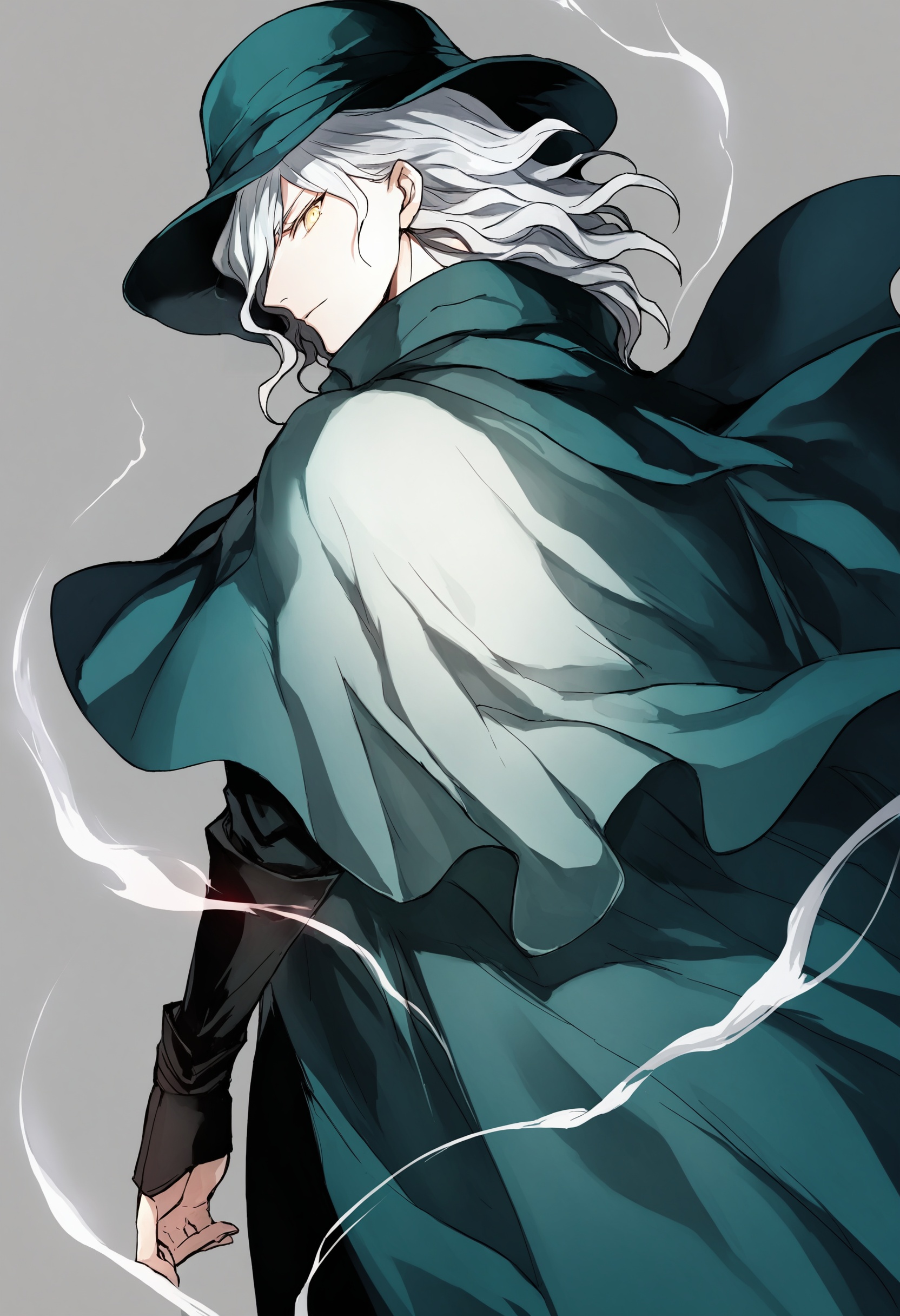 best quality, masterpiece,edmond dantes \(fate\), 1boy, solo, male focus, hat, yellow eyes, looking back, white hair, looking at viewer, cloak, from behind, cape, simple background, white background, glowing, wavy hair, aura ,_背景<lora:lpmyaXLlokr4f-000143:1>