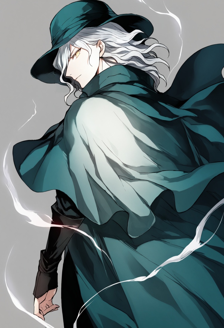 best quality, masterpiece,edmond dantes \(fate\), 1boy, solo, male focus, hat, yellow eyes, looking back, white hair, looking at viewer, cloak, from behind, cape, simple background, white background, glowing, wavy hair, aura ,_背景 <lora:lpmyaXLlokr4f-000143:1>