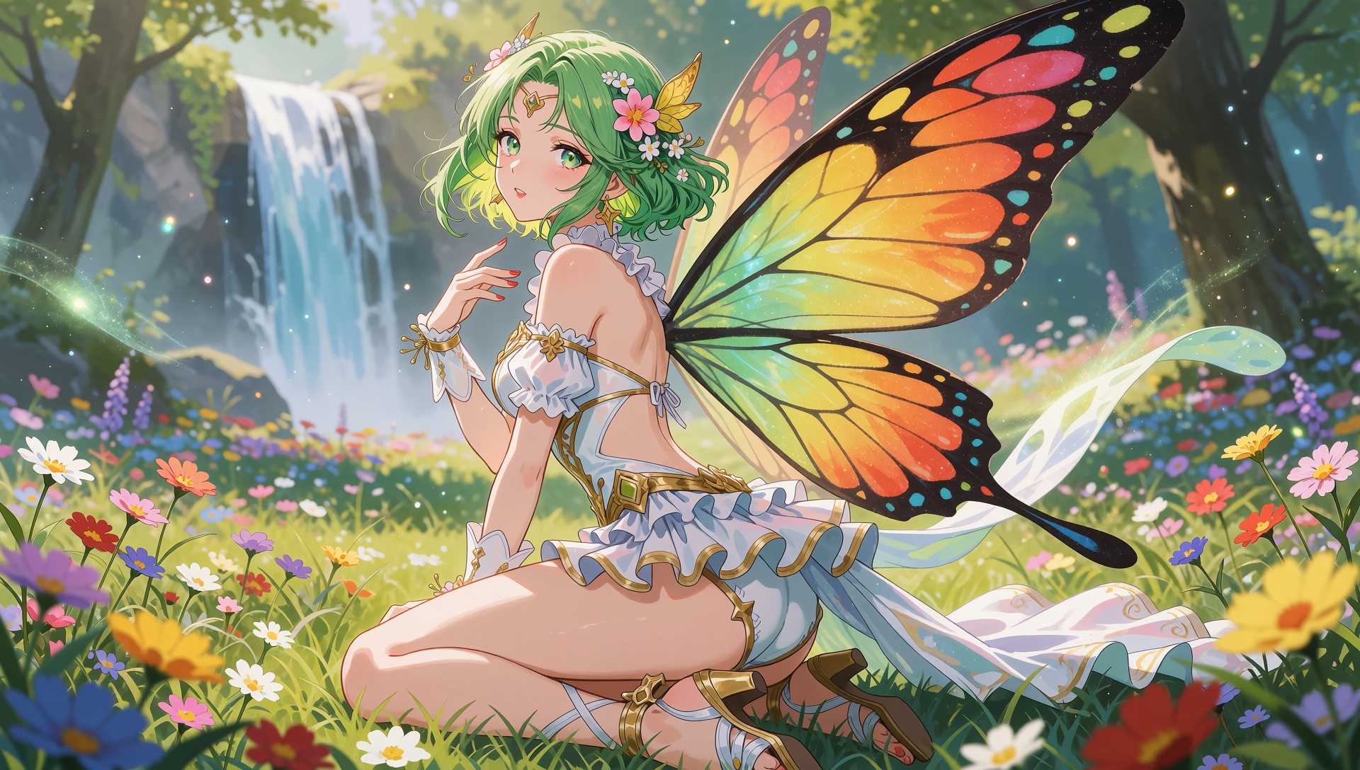 anime style picture,  "manga style image: A airy fantasy angel-winged scandinavian woman with vibrant green hair styled in...