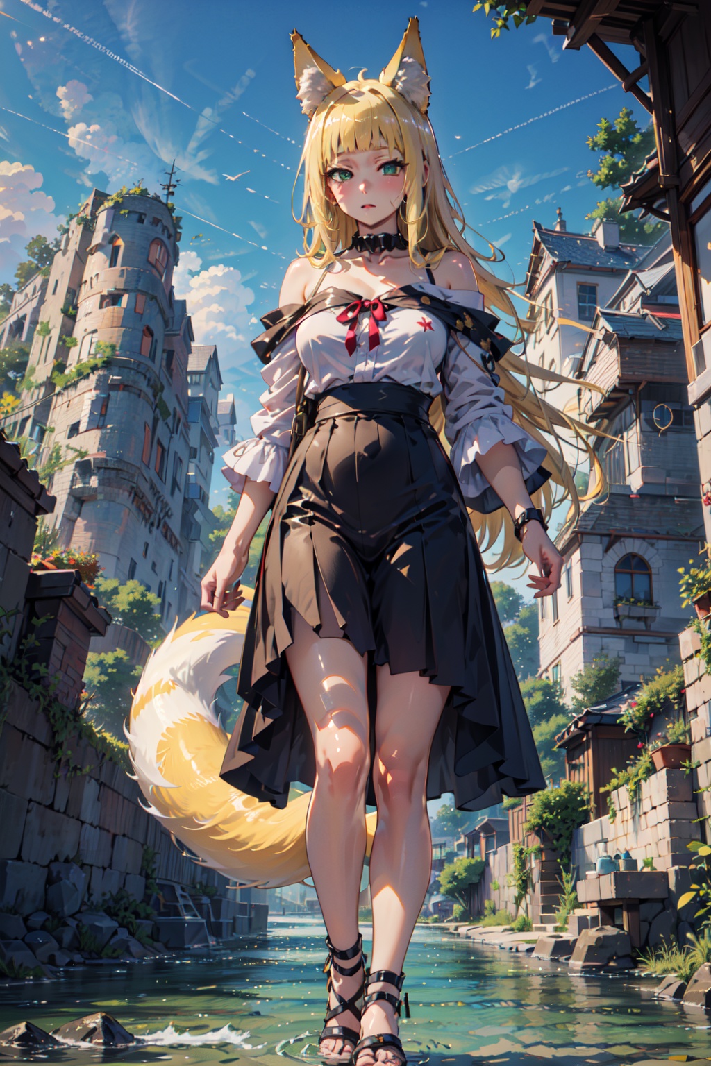 <lora:Haruhime-000014:0.8>,Haruhime cyql,1girl,looking at viewer,solo,animal ears,fox ears,blonde hair,long hair,blunt bangs,green eyes,tail,collar,fox tail,large breasts,(sleepy:1.2),beautiful face,beautiful eyes,glossy skin,shiny skin,Frilled off-the-shoulder shirt paired with a pleated maxi long skirt and wedge sandals,(upper_body,from_below,walking:1.2),arm grab,Canyon, River, Cliffs, Rapids, Canyon walls, Wildlife, Echoes, Adventure,lotus,beautiful detailed sky,beautiful detailed glow,(masterpiece, best quality, beautiful and aesthetic:1.3),