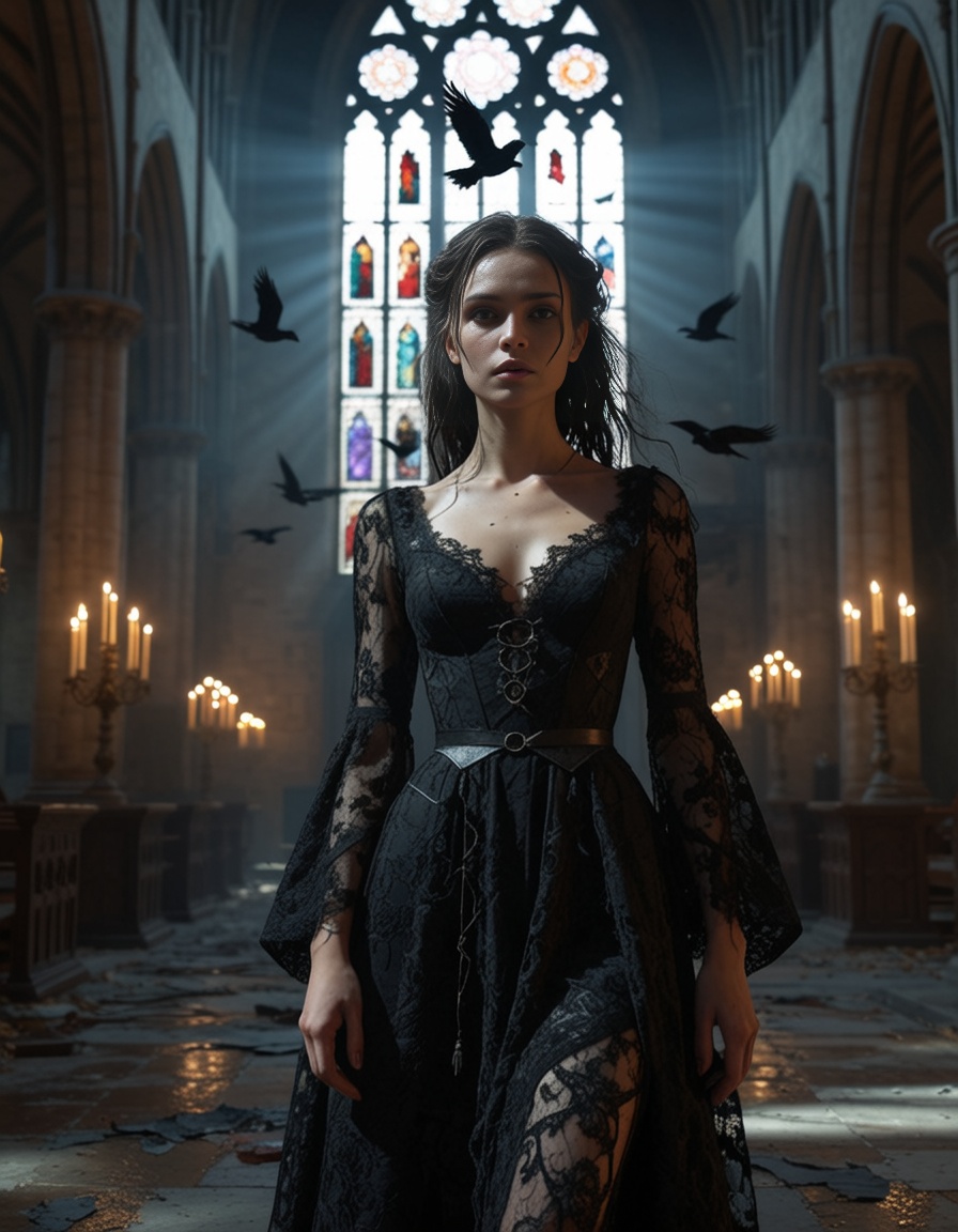ehmidjourney,  beautiful witch in black lace dress,  floating in abandoned cathedral on Tensor.Art