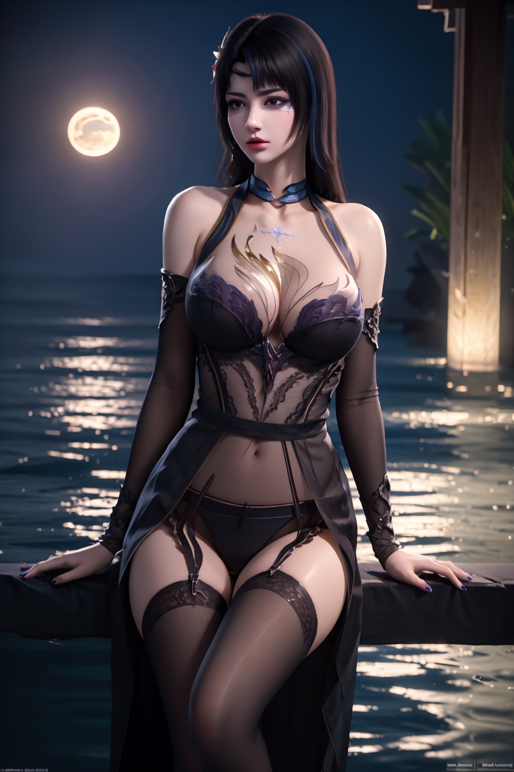 standing,flower,full_moon,moon,night,lily_pad,lotus,moonlight,water,night_sky,lily_\(flower\),sky,partially_submerged,1girl,solo,hair ornament,long hair,realistic,nail polish,photo_\(medium\),(big breasts, cleavage),makeup,(8k, RAW photo, best quality, masterpiece:1.2),(realistic, photorealistic:1.3),ultra-detailed,extremely detailed cg 8k wallpaper,(crystalstexture skin:1.2),extremely delicate and beautiful,(sexy pose:1.2),wearing edgHL,see-through,thighhighs,sexy lingerie,(big breasts:1.2),silk,thin transparent silk,torn pantyhose,red purple lingerie,facial mark,