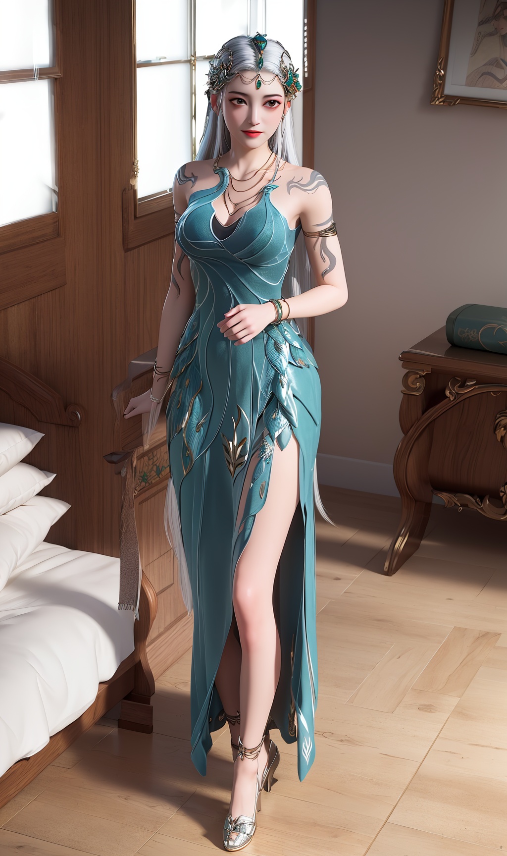 masterpiece,(best quality),3d,official art, extremely detailed cg 8k wallpaper,((crystalstexture skin)), (extremely delicate and beautiful),highly detailed,1girl,solo,long hair,headwear,(standing),(white hair),((dress,skirt)),, (chinese_clothes), ((tattoo)), (jewelry), (bracelet),((full body,whole body)),sweet smile, (medium breasts),((hair_ornament)),(cleavage:0.797), (sunshine, indoor,(bed)),((looking_at_viewer)),((Facing the camera)), <lora:hipoly3DModelLora_v10:0.3> 