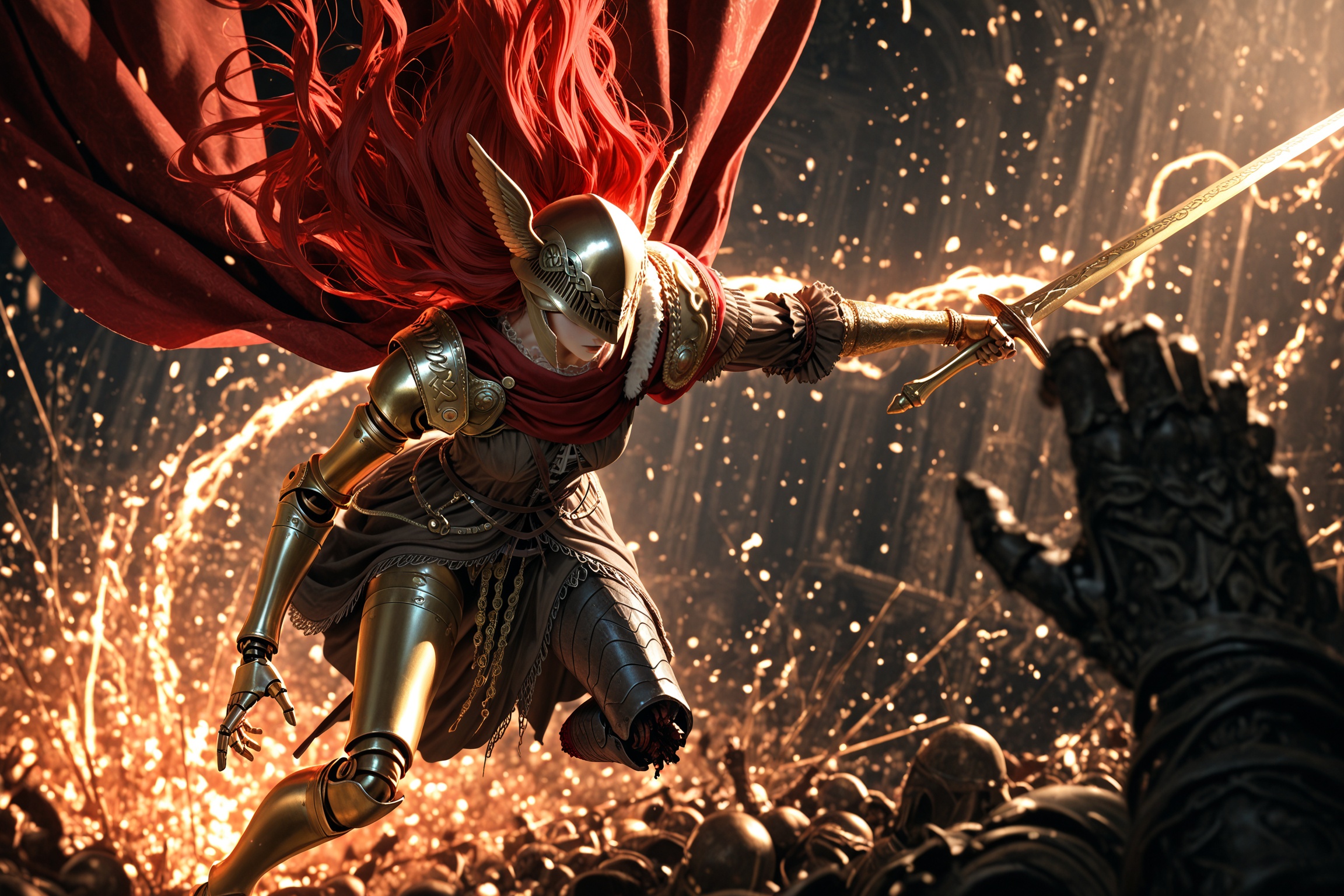 depth_of_field,film_grain,low-angle_shot,motion_blur,Dynamic visuals,visual impact, malenia blade of miquella, elden ring, 1girl, floating hair, red hair, very long hair, long hair, prosthetic leg, armor, gold armor, winged helmet, armor, red cape, prosthetic arm, single mechanical arm, amputee, butterfly
