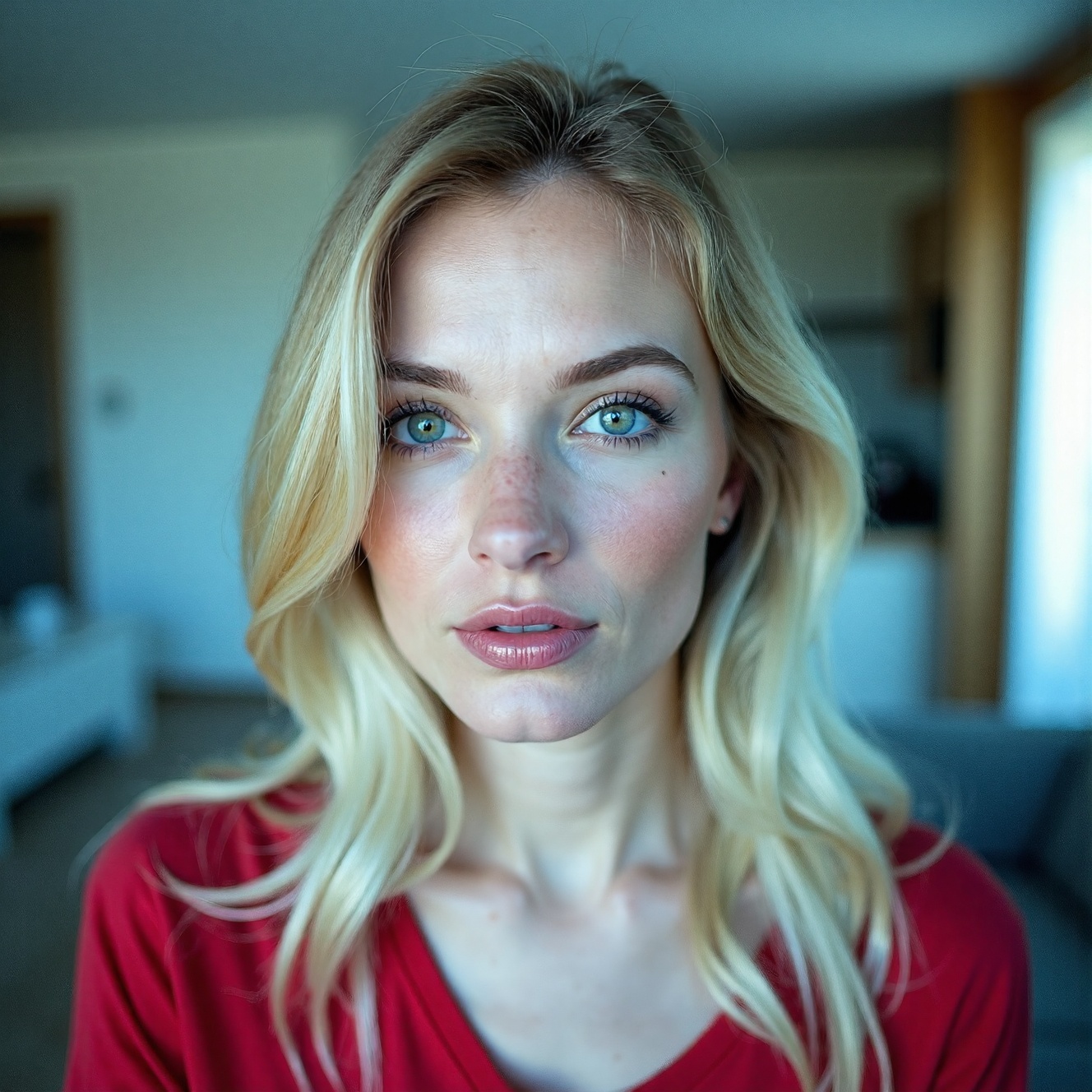 RAW photo,  a candid full body portrait of a beautiful blonde woman wearing a (red shirt),  8k uhd on Tensor.Art