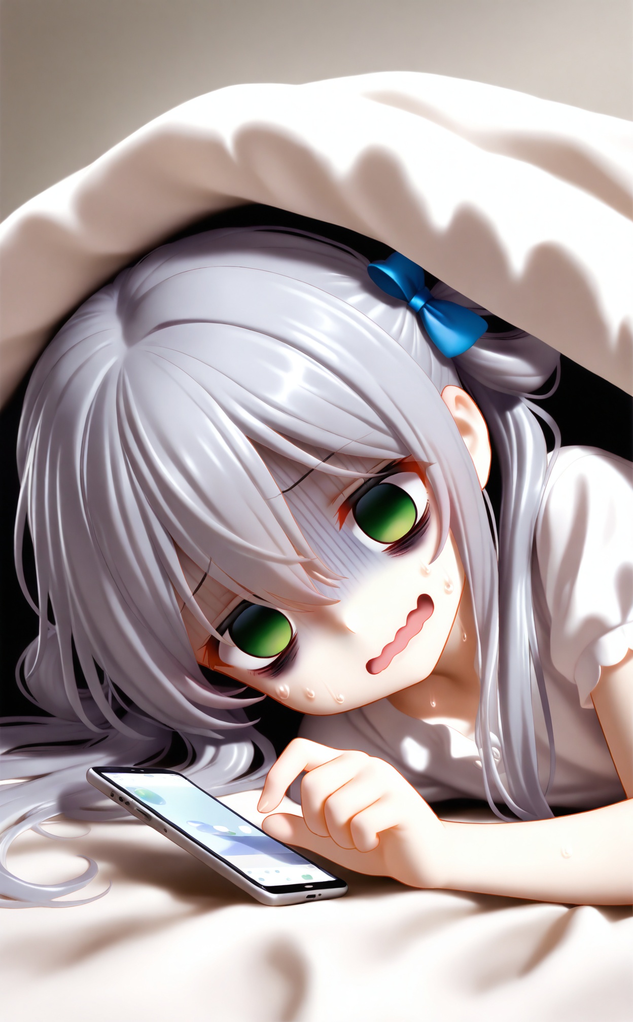 masterpiece,loli, phone, holding phone, holding, cellphone, grey hair, turn pale, bow, hair bow, green eyes, sweat, shirt, 1girl, smartphone, white shirt, on side, looking at phone, lying, open mouth, gloom (expression), blue bow, empty eyes, long hair, hair rings, short sleeves, solo, hand up, low twintails, shaded face,  twintails, bed sheet, no pupils, bags under eyes, on bed, nervous sweating, upper body, portrait, looking at object, under covers, hair between eyes, wavy mouth,<lora:pvc3——【Illustrious】hans:0.8>,