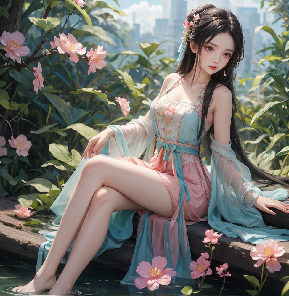 1girl, solo, long hair, black hair, dress, skirt hold, wading, sleevelses animated,hanfu,sexy,illustration, watercolor, 1girl, solo, long hair, black hair, dress, skirt hold, wading, sleeveless, barefoot, bare shoulders, standing, from behind, outdoors, cloud, sky, bird, water, rainbow,lily_\(flower\)masterpiece, best quality, absurdres, illustration, watercolor, 