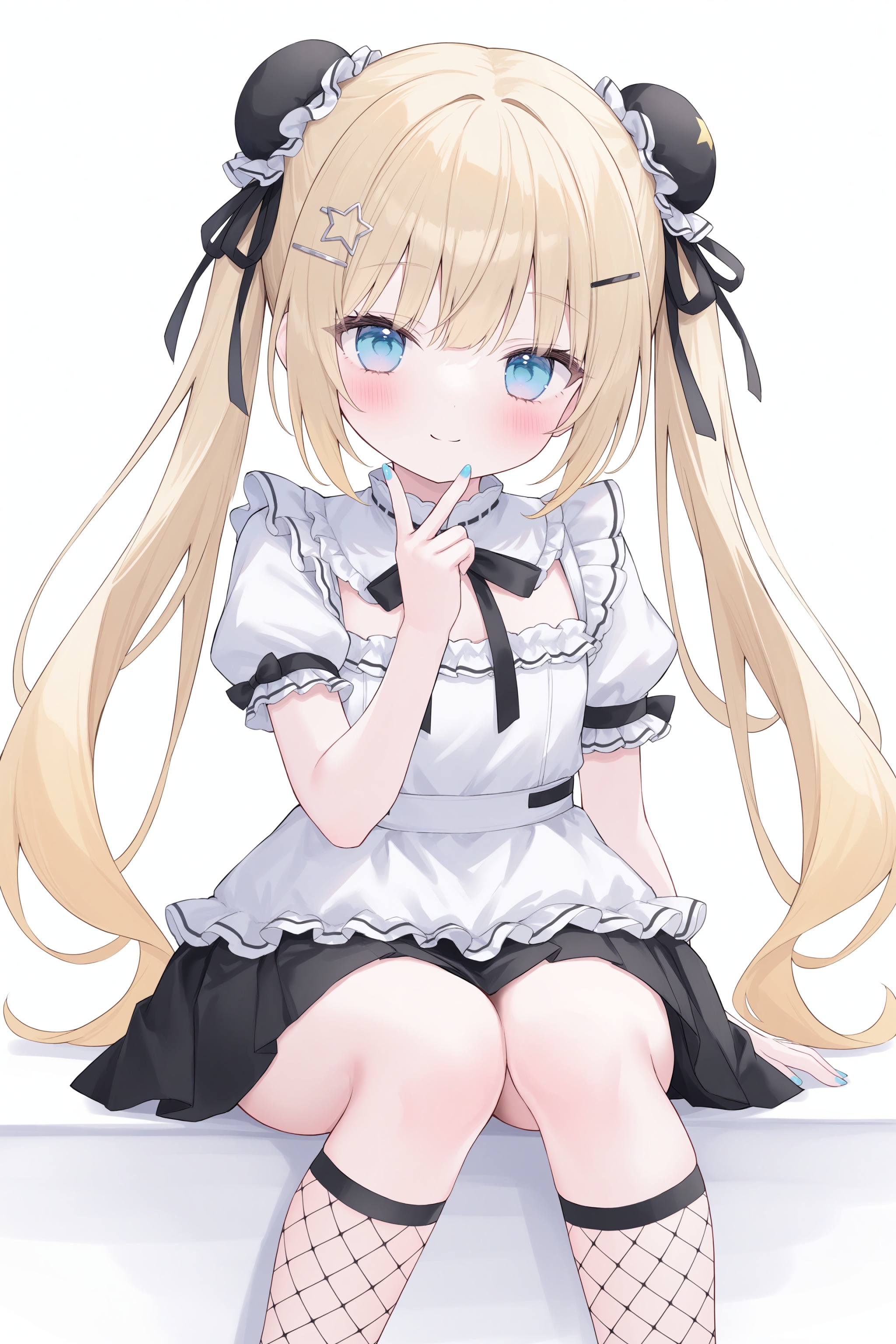 quality,amazing quality,very aesthetic,absurdres,1girl,loli,solo, double bun, skirt, pleated skirt, hair ornament, hair bun, short sleeves, black skirt, long hair, white background, closed mouth, puffy sleeves, bangs, smile, star \(symbol\), twintails, blush, simple background, blue eyes, fishnets, shirt, looking at viewer, hairclip, socks, v, puffy short sleeves, white shirt, sitting, very long hair, hand up, frills, kneehighs, feet out of frame, star hair ornament, blonde hair, bun cover, ribbon, nail polish, hair ribbon, clothing cutout
