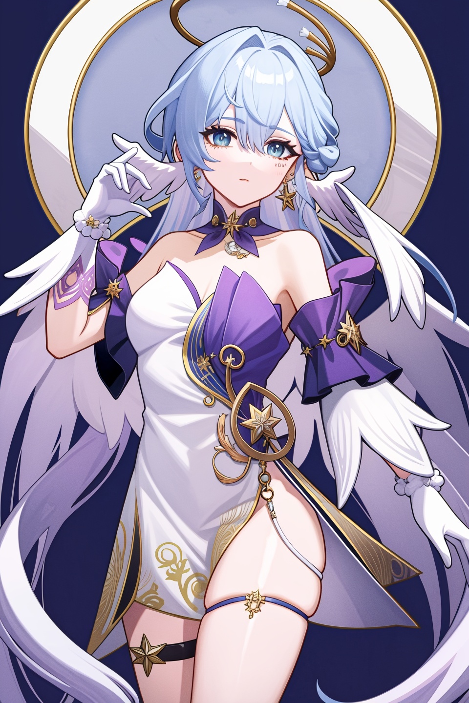 <lora:nai3画风bysdlion-000035:0:lbw=OUTALL>,thigh strap,robin,1girl,solo,bare shoulders,halo,white gloves,white dress,earrings,strapless dress,head wings,<lora:知更鸟pro】:1:lbw=char>,, (masterpiece,best quality,high quality:1.2),absurdres,