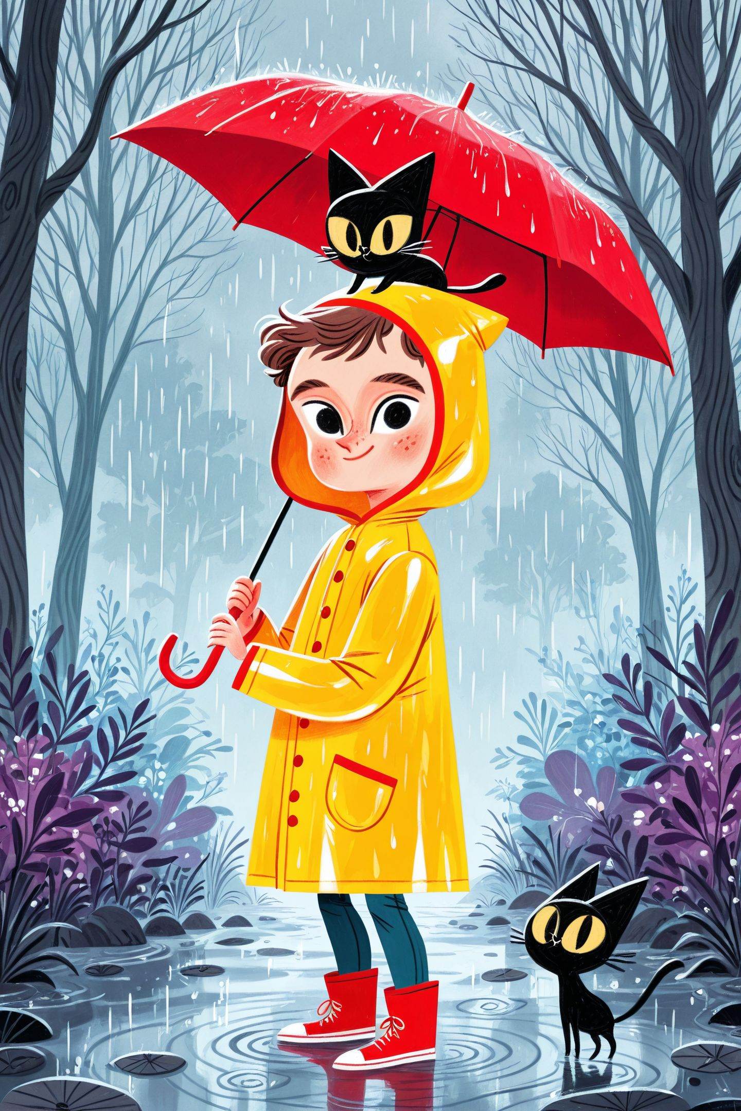 David Sierra Liston Style,rain,umbrella,1boy,brown hair,male focus,holding,red umbrella,yellow raincoat,freckles,holding umbrella,raincoat,tree,outdoors,hood,smile,red footwear,solo,black eyes,looking at viewer,cat on head,coat,pants,standing,black cat,short hair,animal on head,<lora:David Sierra Liston_illustriousXL:1>,