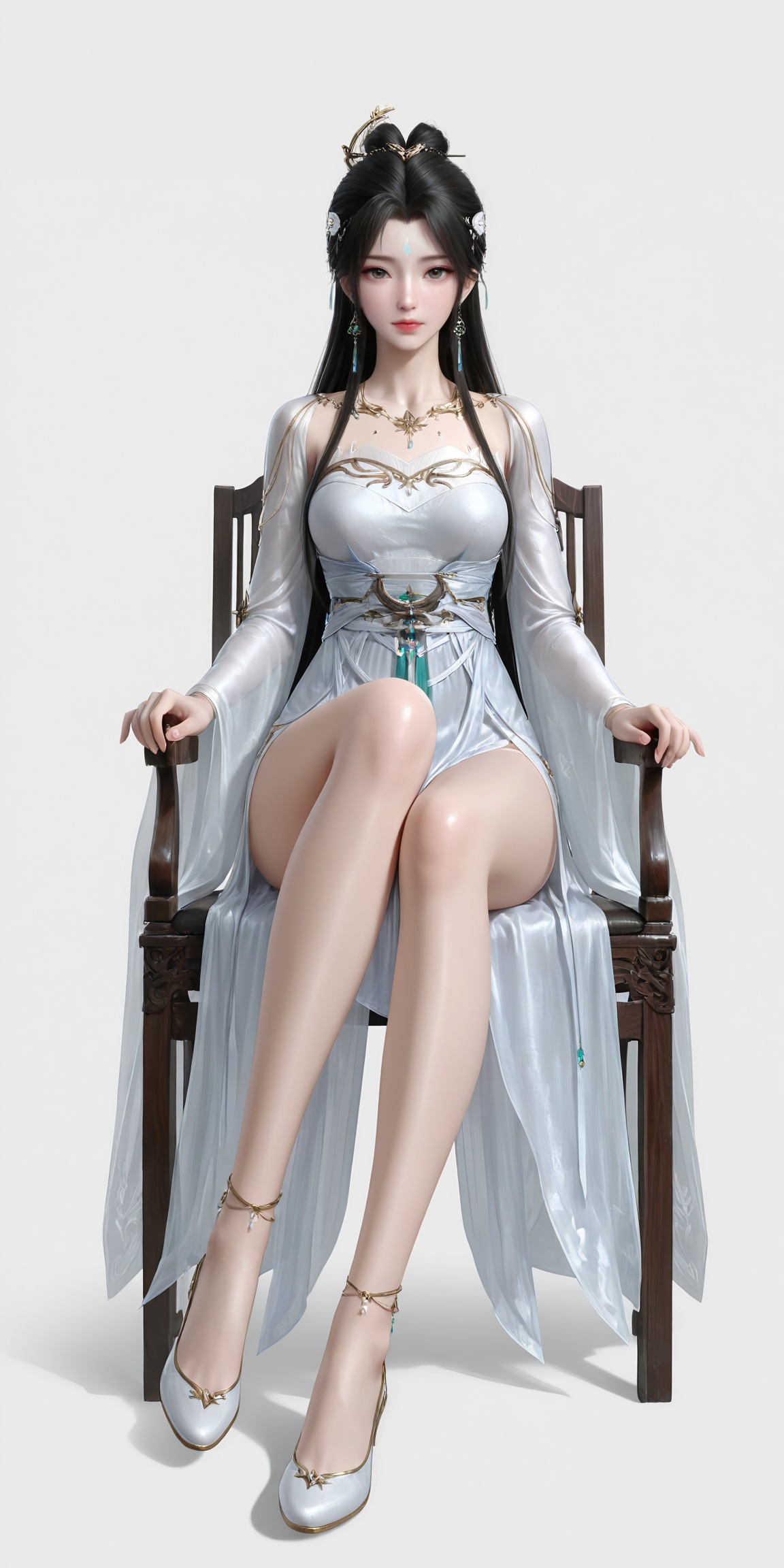 masterpiece,high quality,tall,game cg,highres,(soft light:1.2),white_skin,(shiny_skin:0.6),(realistic:1.1),lvjing,<lora:清漪:0.6>,qingyi,1girl,solo,earrings,jewelry,hair ornament,hair_bun,long hair,closed mouth,portrait,forehead mark,facial mark,black hair,looking_at_viewer,white_background,simple background,legs,long legs,white footwear,full body,sitting,chair,