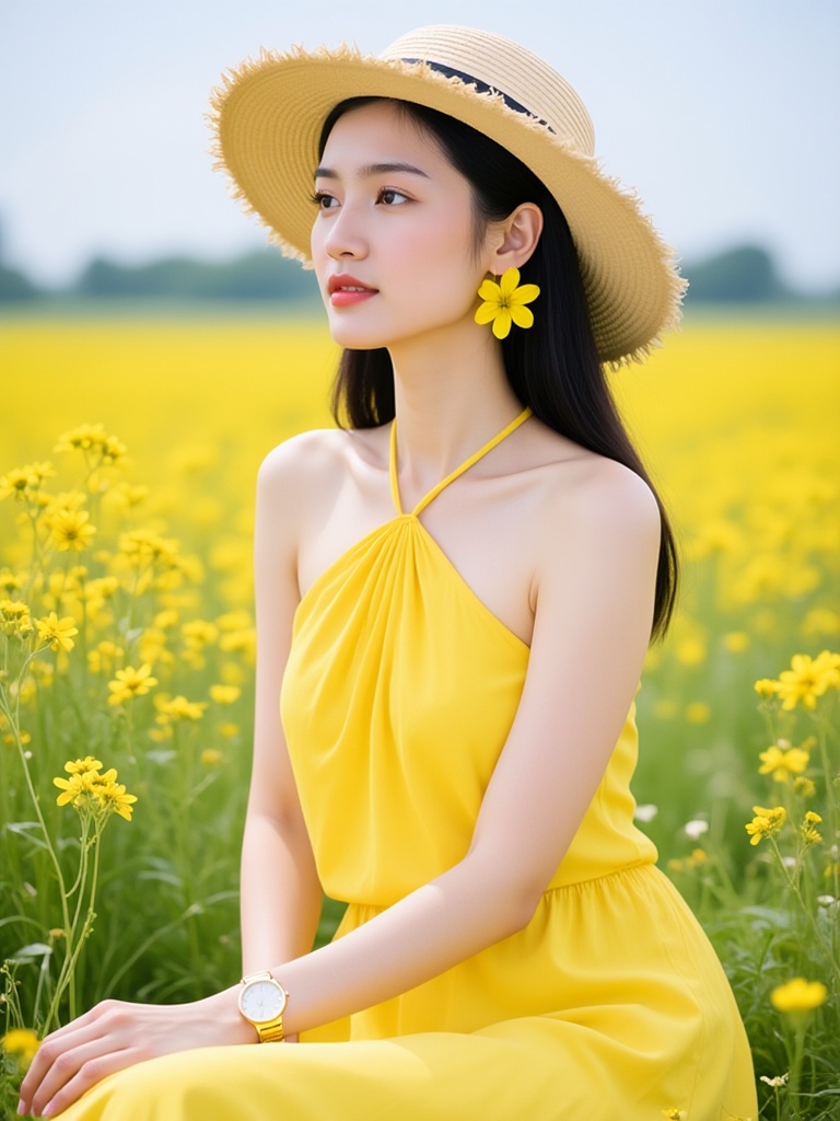 plnjsas,a young Asian woman with fair skin, wearing a yellow dress and a straw hat, sitting in a field of yellow flowers. She has long black hair and is looking to the side with a neutral expression. The background is blurred, with greenery and a clear blue sky. The woman is wearing a gold watch on her wrist. The image has a soft, natural lighting.<lora:S-T-唯美人像-610-S1.3:1>