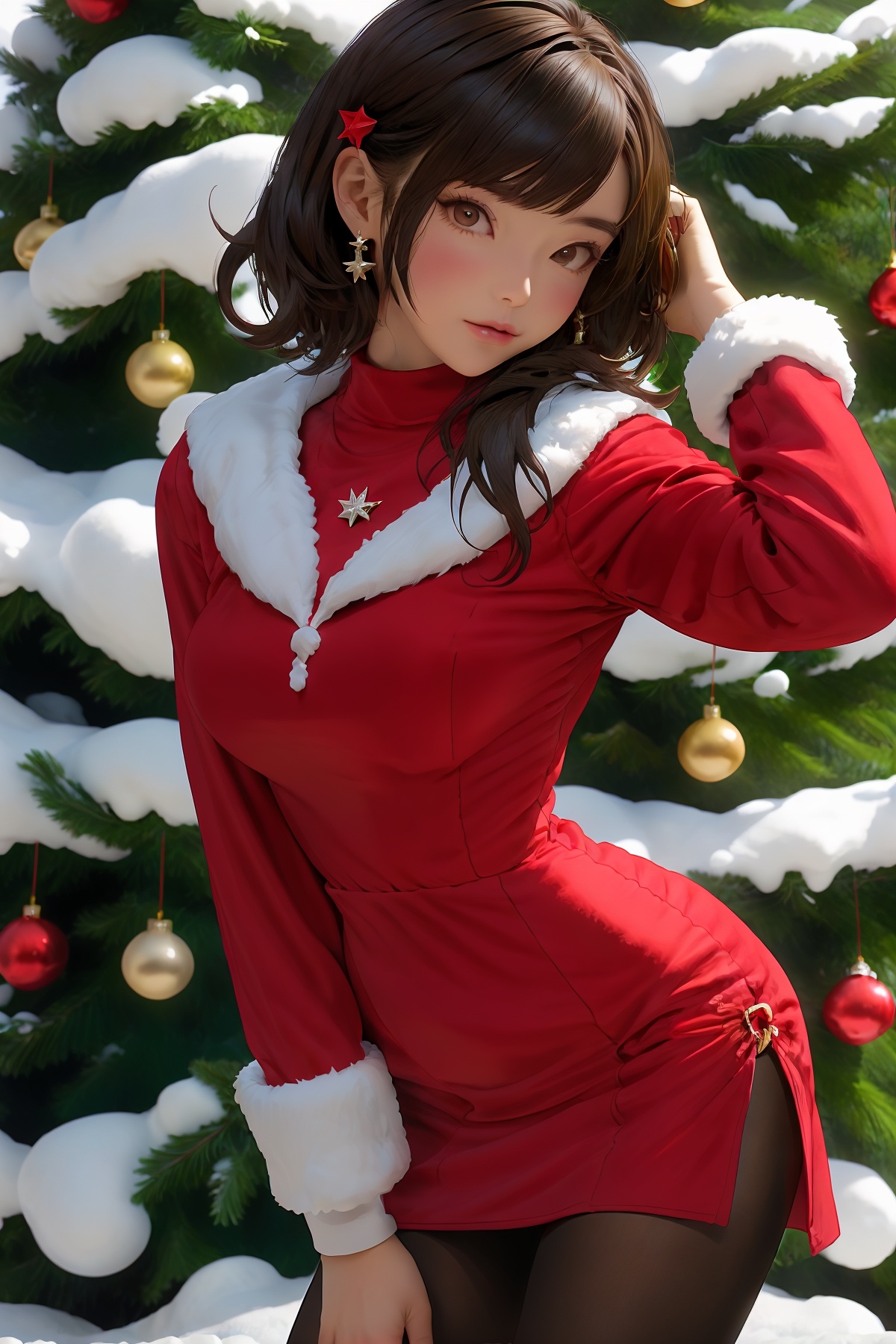 1girl,solo,pantyhose,earrings,looking at viewer,jewelry,dress,christmas,christmas tree,christmas ornaments,red dress,breasts,long sleeves,bangs,fur trim,black hair,snow,brown eyes,black pantyhose,pom pom (clothes),cowboy shot,hair ornament,closed mouth,turtleneck,brown hair,standing,medium hair,hand on own thigh,hood,bow,leaning forward,medium breasts,tree,short hair,fur-trimmed dress,santa costume,hood down,short dress,star (symbol),<lora:shengdan:0.6>,normal fingers,