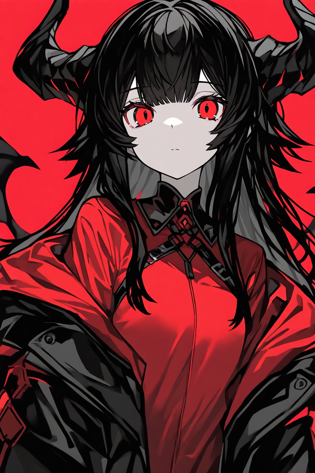 1girl,red background,solo,horns,looking at viewer,long hair,simple background,closed mouth,wings,red eyes,red theme,sidelocks,limited palette,sketch,greyscale with colored background,black hair,jacket,best quality,amazing quality,very aesthetic,