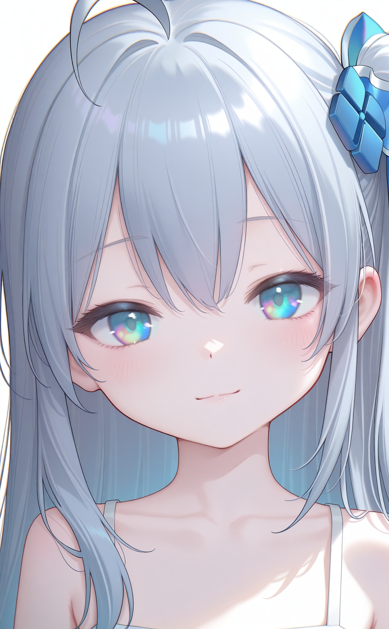 masterpiece,very aware,highres,absurdres,newest,best quality,loli,petite,high quality,chromatic_aberration,//,madobe ichika, 1girl, solo, long hair, multicolored eyes, blue eyes, looking at viewer, blush, simple background, grey hair, one side up, ahoge, smile, white background, hair ornament, collarbone, portrait, closed mouth, hair bow, bare shoulders, bow, ribbon, side ponytail, blue hair//,photorealistic,Artist:na-ga,(quasarcake:0.2),(wanke:0.9),[Artist:chen bin],Artist:tidsean,[Artist:sk (askzy)],(artist:tokkyu:0.5),(artist:momoko \(momopoco\):0.5),himitsu_(hi_mi_tsu_2),//,<lora:MAQ326——【noob】hans:0.5>,<lora:nyalia22——【noob】hans:0.4>,<lora:loliwin11——【noob】hans:1>,