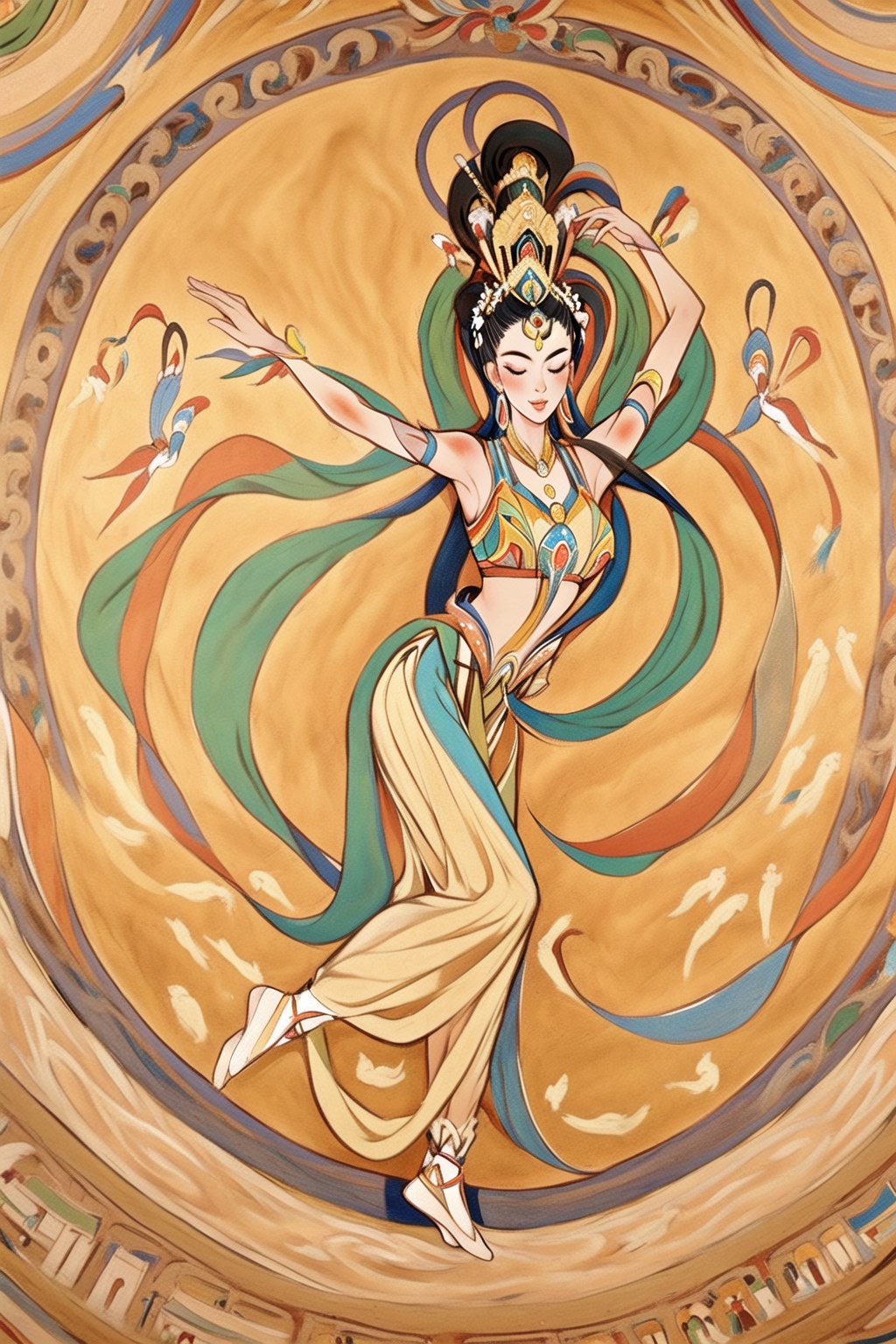 ycbh, 1girl, dancing, black hair, solo, hair ornament, dress, barefoot, long hair, Rock color panel painting, matte texture, a classical beauty, Flying Dunhuang, Flying Dunhuang dancer,<lora:ycbh4:0.8>,