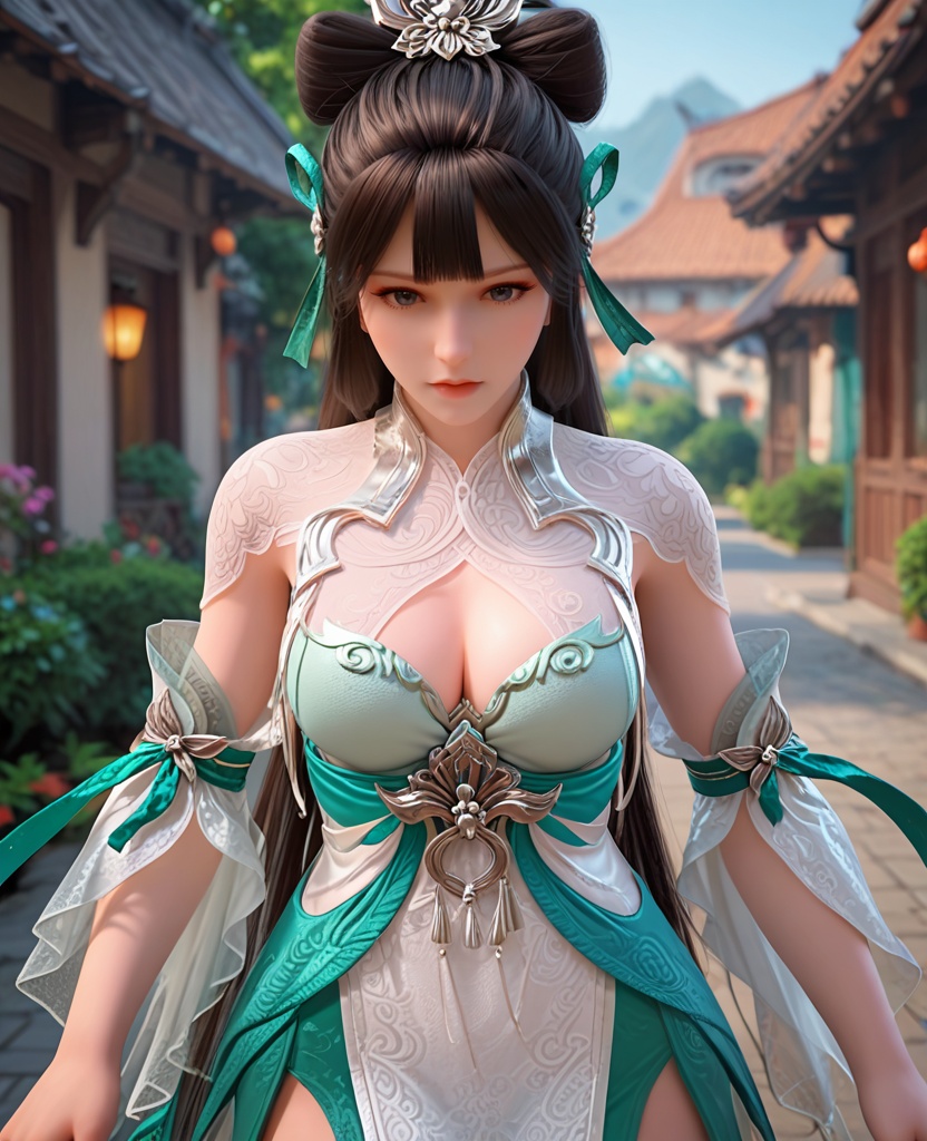 (oriental architecture, elegant decor, sophisticated style:1.1),Bending down to tie shoelaces, with a puppy or pet eagerly watching and playing,,(breasts:1.2),<lora:XL完美世界雨紫陌:0.9>,1girl,solo,see-through vest,aloes green corset,green ribbon,detached sleeves,white overskirt,side slit maxiskirt of green,black hair,long hair,hair ornament,hair bun,bangs,cleavage cutout,, zPDXL2, score_9, score_8_up, score_7_up BREAK realistic, masterpiece,best quality, highly detailed,, zPDXL3, zPDXL2,zPDXL, zPDXLxxx, zPDXLrl,