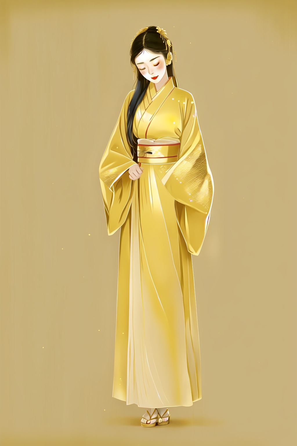 ycbh, 1girl, solo, long hair, black hair, barefoot, standing, full body, closed eyes, japanese clothes, long sleeves, wide sleeves, simple background, yellow kimono, kimono, red lips, Minimalism, gold foil, golden yellow, romantic ancient style, texture matte,<lora:ycbh4:0.8>,