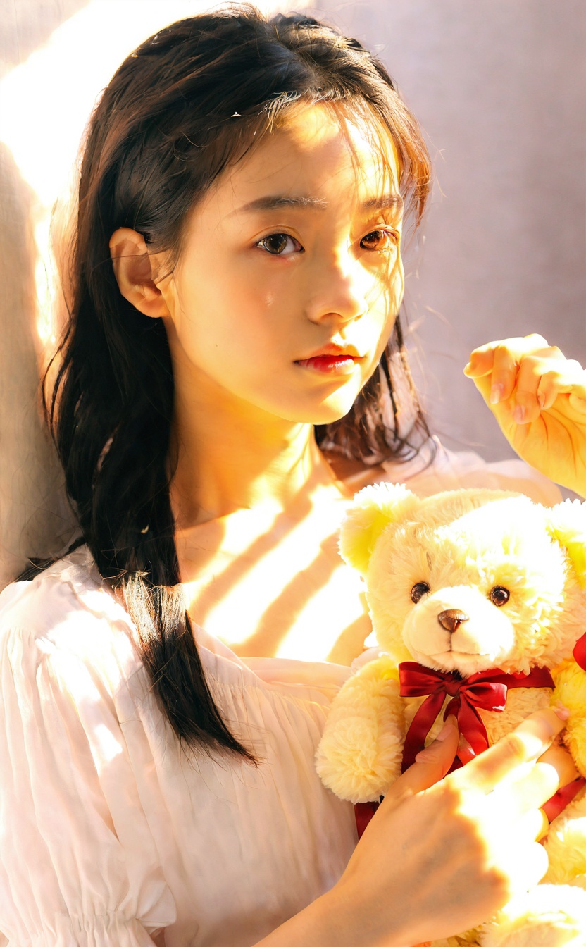 mugglelight, there is an asian woman holding a teddy bear in her hand, 1girl, solo, looking at viewer, food, sunlight, fruit, black hair, backlighting, holding, brown eyes, holding food, upper body,