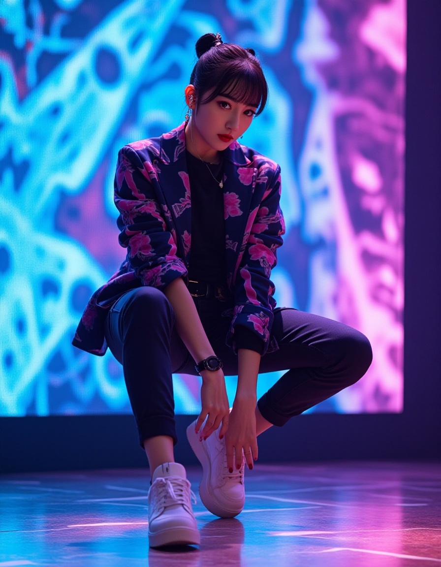 A highly stylish and trendy young South Korean woman, embodying modern fashion aesthetics, performs intricatecontemporary hip-hop (breaking/robot) moves on stage. She's executing dynamic "riding" or robotic precision stepswith energetic footwork.She is equipped with a sleek earpiece microphone, ensuring her voice flows clearly amidst the vibrant performance.Her expression is playful and mischievous ("naughty smile", "twinkling eyes"), capturing that unique blend ofconfidence and fun during her dance routine. She appears mid-move or strikingly poses in this energetic moment.The stage background features a dynamic LED screen displaying abstract patterns, adding to the visual excitement.The lighting design is crucial – sharp spotlights carve out dramatic silhouettes, while vibrant colors, perhapseven some subtle holographic or glowing elements, highlight her form and create stunning reflections off themetallic props often used in breaking/robot style.The overall image should be a captivating digital illustration with strong contrasts, emphasizing the dynamicenergy of her performance and the impressive visual impact generated by the lighting effects. Style: Modern K-Popstage aesthetic meets contemporary street fashion and breakdance/robot dance precision.