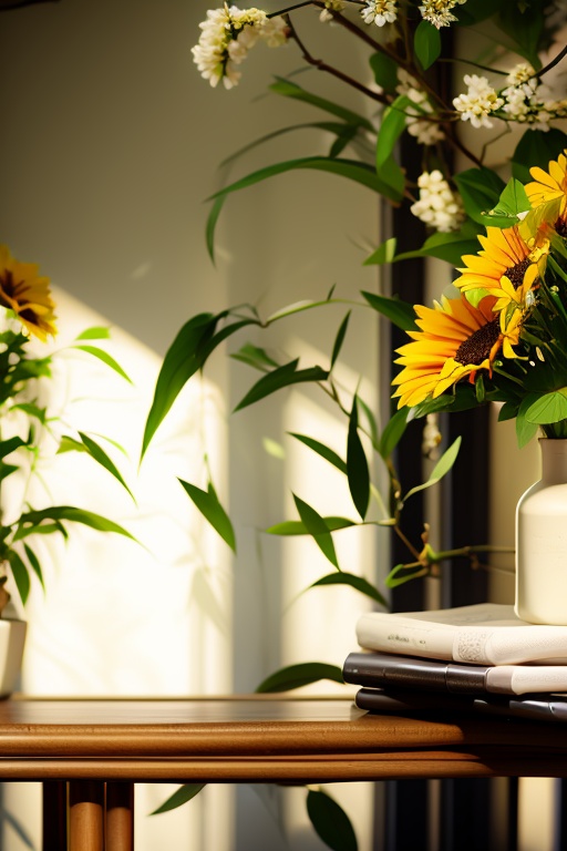 HZPJCT,product photography,still life,flower,outdoors,tree,no humans,white flower,scenery,yellow flower,sunflower,branch,
