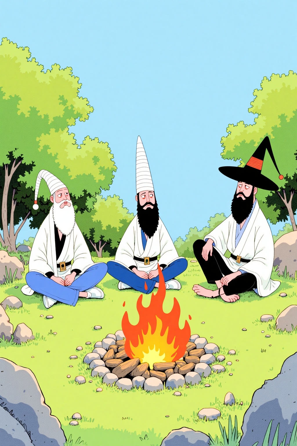 beijihui,A cartoon drawing of three men sitting on the ground. The man on the left is wearing a white robe with a long white beard and a white hat. He is also wearing a black belt around his waist. He has long black hair and a black hat on his head. His hands are clasped in front of him and he is holding a sword in his right hand. His left hand is resting on his hip. His right hand is positioned on his knee. His head is turned towards the right. His mouth is slightly open. His eyes are closed. A fire is burning in the middle of the three men. The fire is surrounded by rocks and grass. There are trees in the background behind the men.
