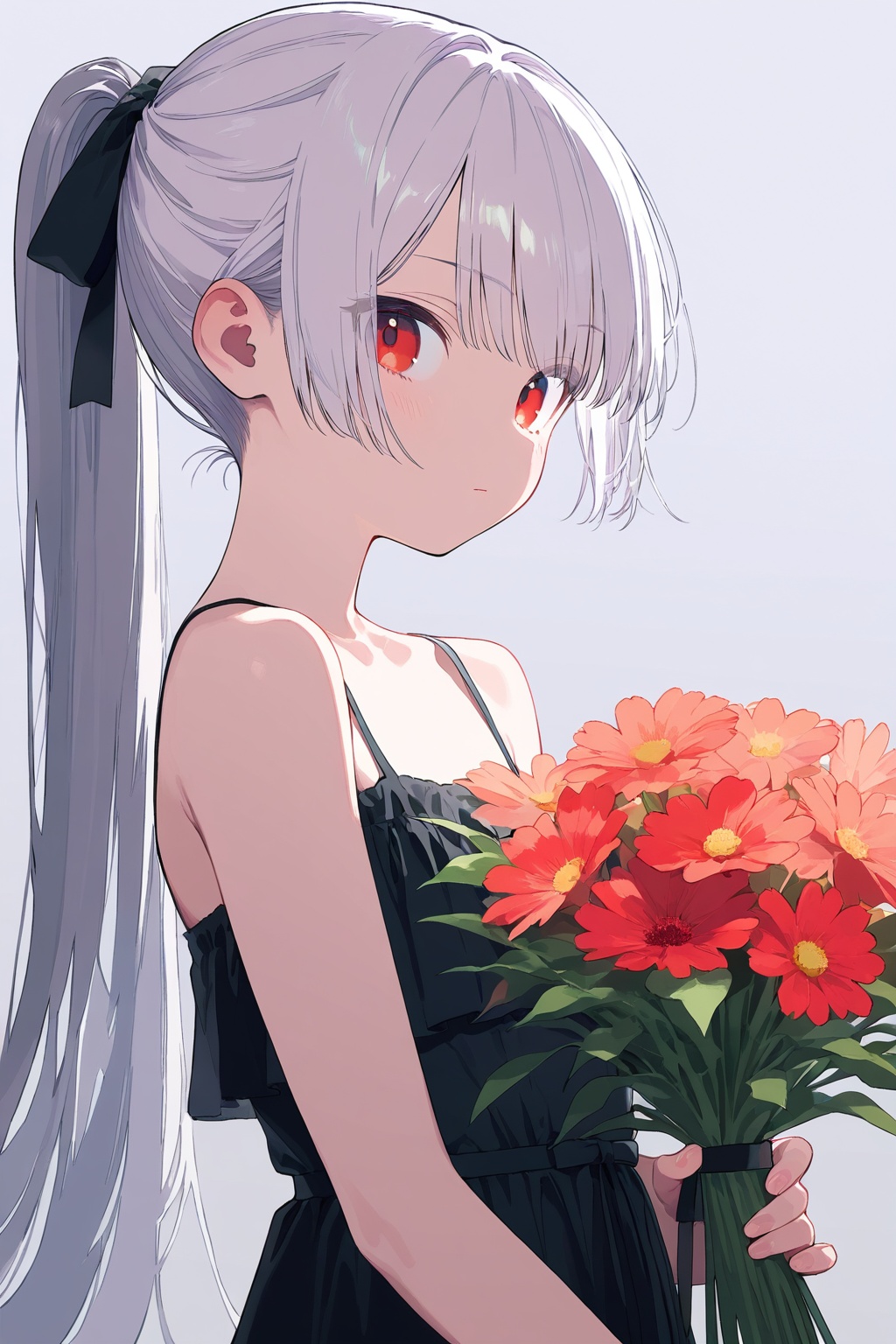 (masterpiece, best quality),1girl,solo,long hair,looking at viewer,bangs,simple background,white hair,dress,ribbon,holding,bare shoulders,red eyes,very long hair,closed mouth,standing,hair ribbon,upper body,ponytail,flower,frills,sleeveless,black dress,sleeveless dress,red flower,bouquet,holding bouquet,spaghetti strap,sundress,grey background,masterpiece,extremely aesthetic,newest,very virant colors,<lora:蓝色苏醒:0.7>,
