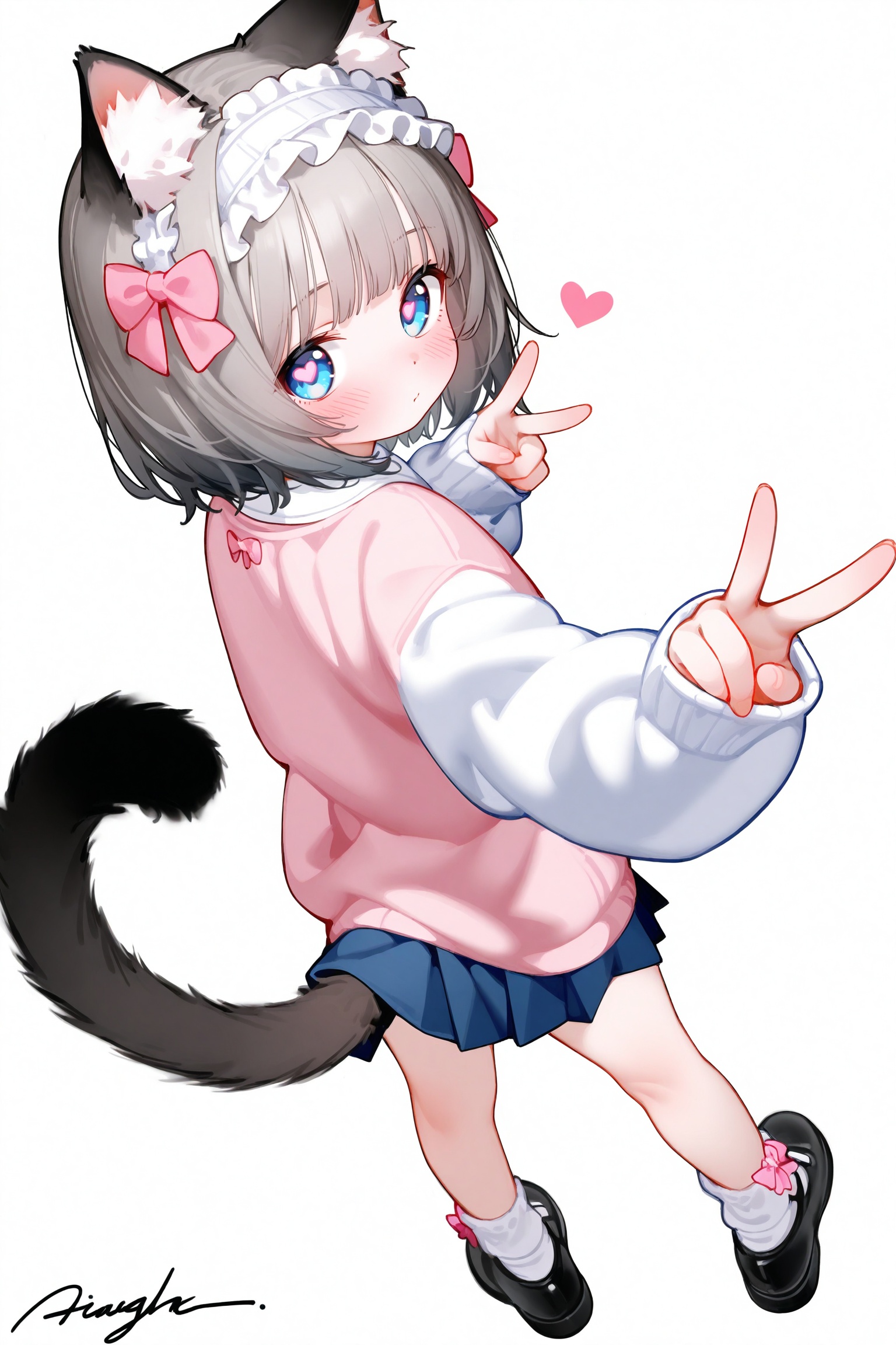masterpiece,very aware,highres,absurdres,newest,best quality,petite,high quality,chromatic_aberration,cinematic_angle,dutch angle,child,petite,//,1girl, animal ear fluff, animal ears, arm up, black shoes, blue eyes, blue skirt, blush, bow, bow legwear, cat ears, cat girl, cat tail, frilled hairband, frills, from behind, full body, grey hair, hair bow, hairband, heart, heart-shaped pupils, long sleeves, looking at viewer, looking back, pink bow, pleated skirt, shoes, short hair, signature, simple background, skirt, sleeves past wrists, socks, solo, sweater, symbol-shaped pupils, tail, v, white background, white hairband, white socks, white sweater, commentary, highres, untranslatable commentary, wide shot<lora:22222.NAI4h:0.8>