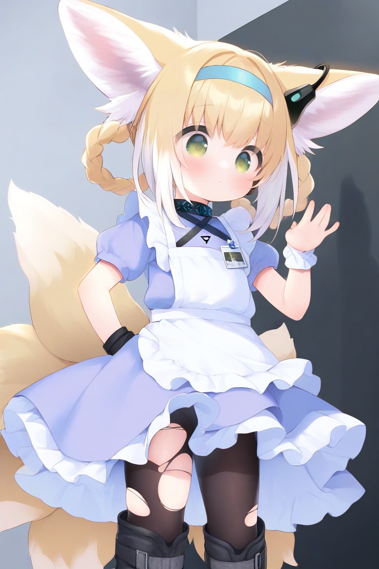 lazypos,lazy-you-know-who,masterpiece,best quality,<lora:Yoru_no_Hitsuji_Unet:1:1.2>,Yoru no Hitsuji,1girl,solo,you-know-who,petite,small girl,cowboy shot,suzuran_\(arknights\),green eyes,blonde hair,braided hair rings,twin braids,multicolored hair,blue hairband,frilled skirt,torn pantyhose,single glove,earpiece,wrist cuffs,kyuubi,white apron,boots,