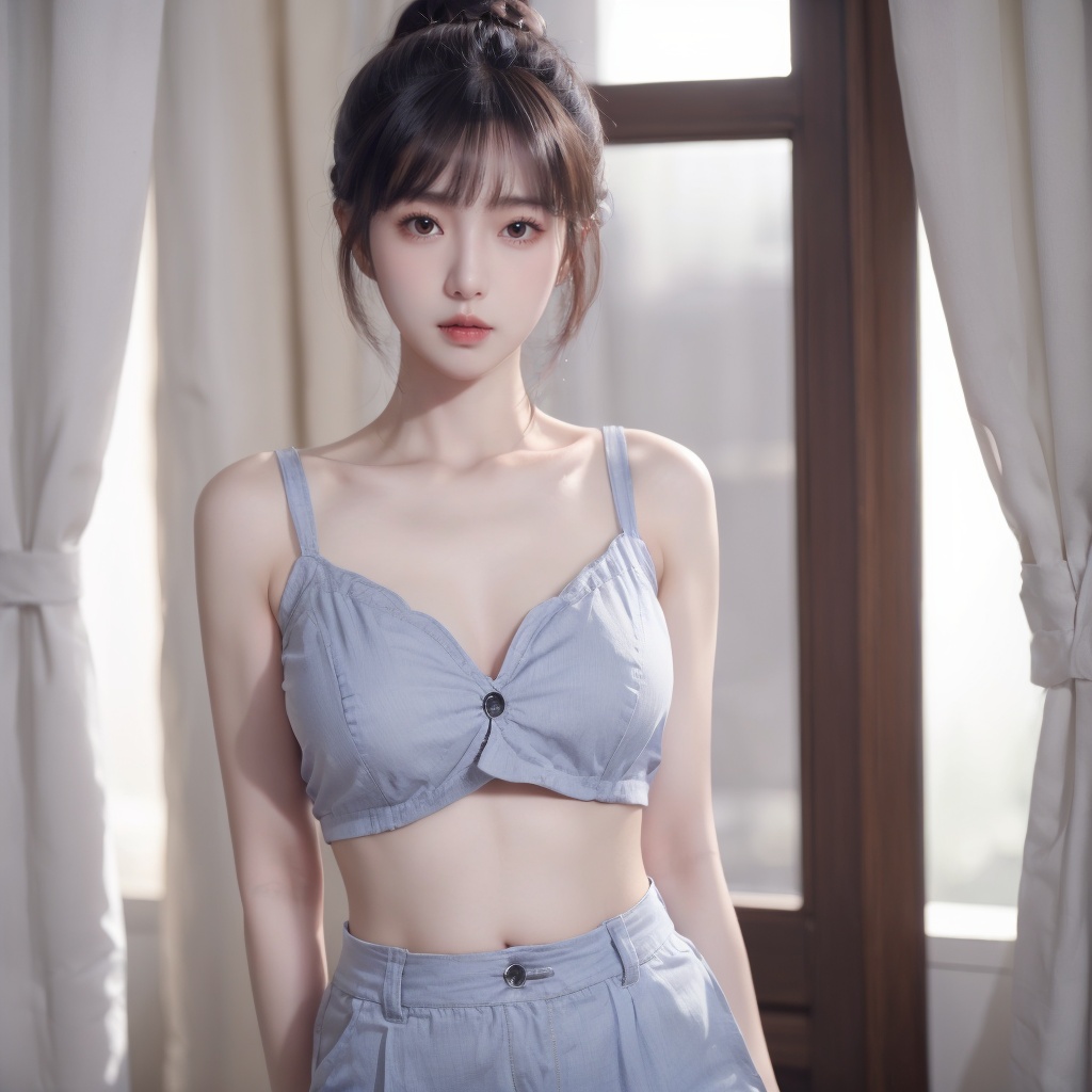 1girl,arms_behind_back,black_hair,breasts,brown_eyes,collarbone,curtains,hair_bun,lips,looking_at_viewer,mole,realistic,solo,standing(bellyband:1.3),<lora:20231109-1699510907344:0.6>