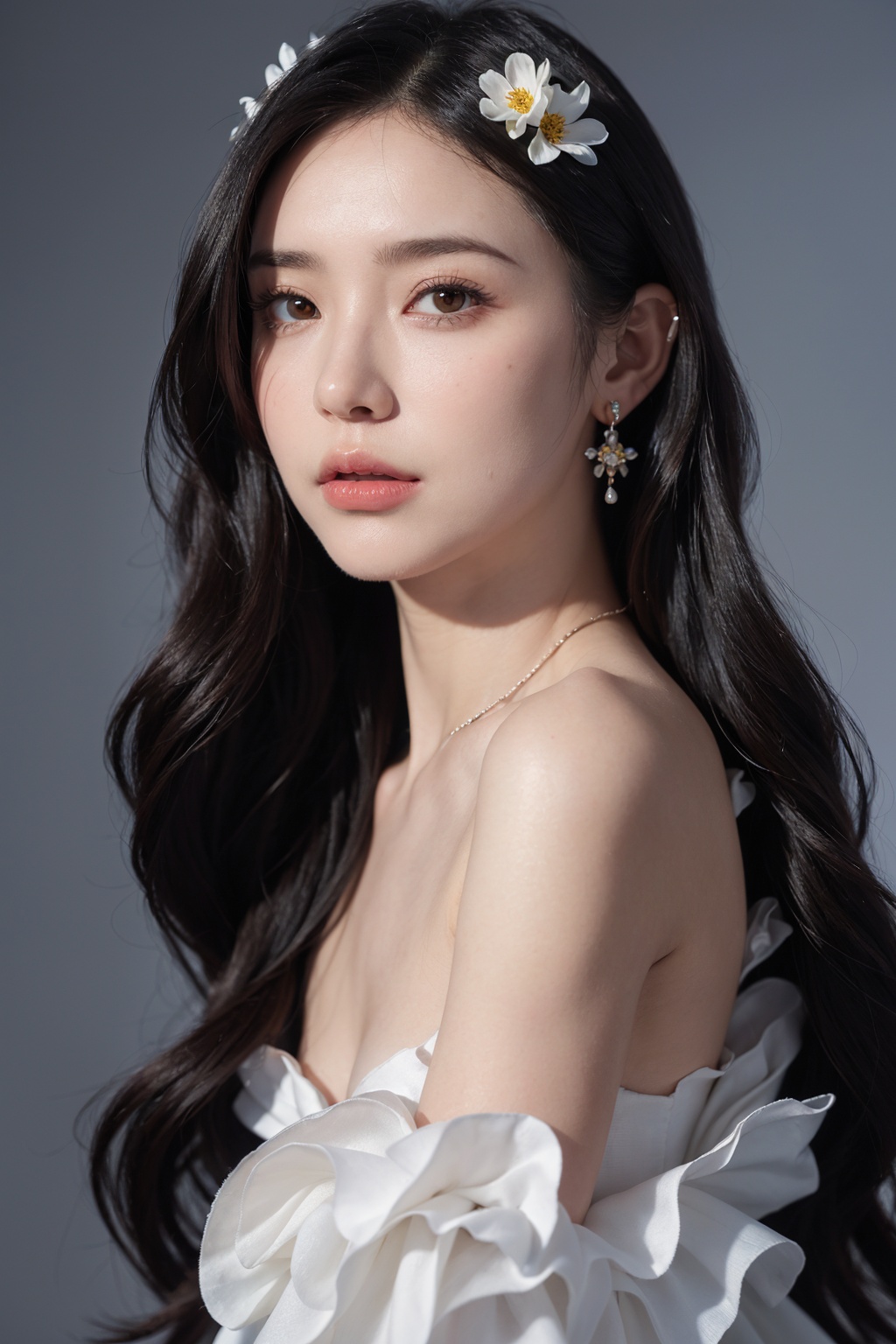 1girl, solo,(front view:1.2),(looking_at_viewer:1.4),(eye-contact:1.4),,black hair, long hair, jewelry, realistic, earrings, hair ornament, black eyes, lips, collarbone, parted lips, flower, watermark, upper body, portrait, hair flower, dress, web address, , c