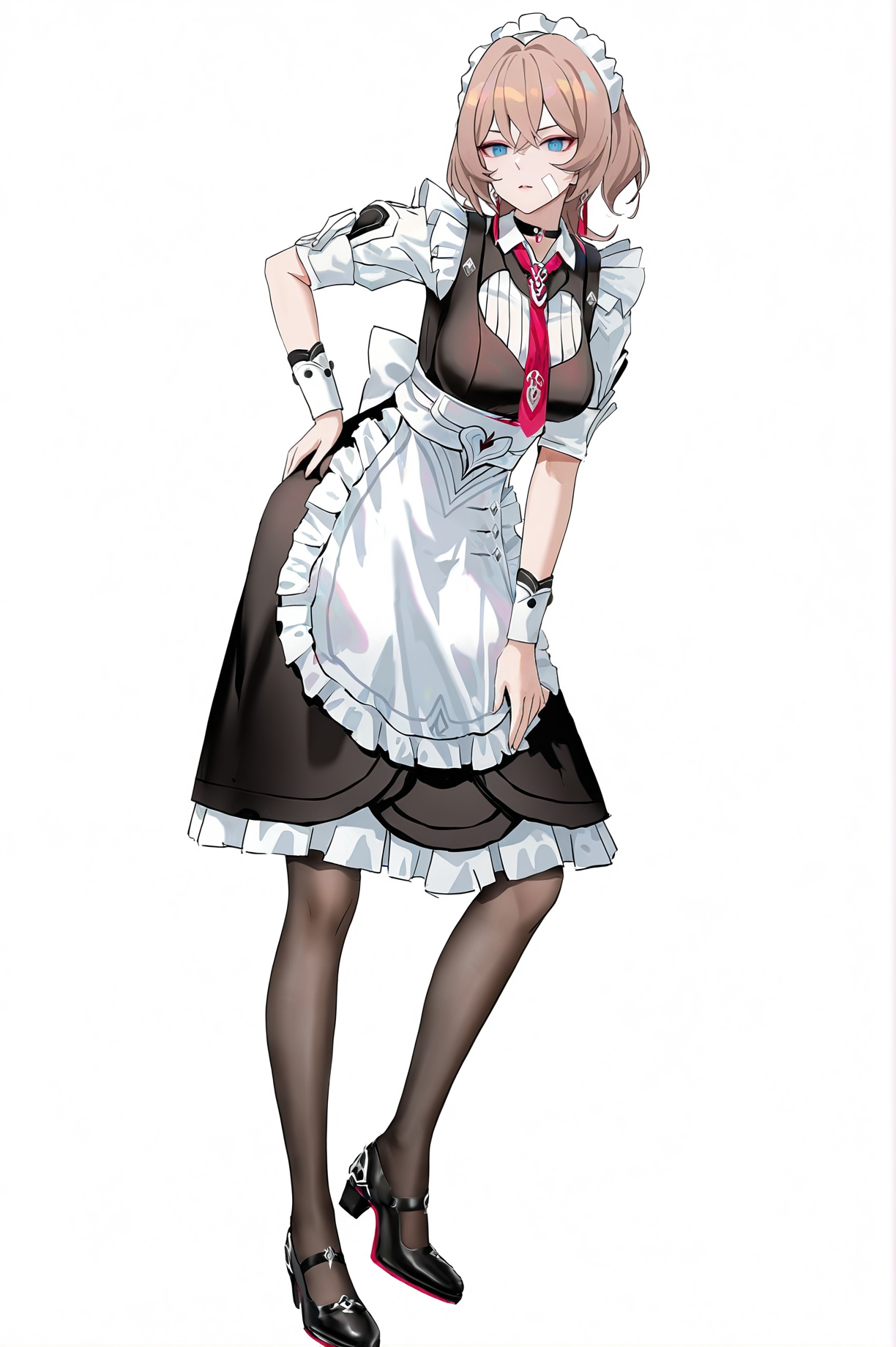 masterpiece,absurdres,ultra-detailed,cinematic lighting,sharp focus,(artist:as109),(artist:wlop),(artist:ningen_mame),(artist:ciloranko),(artist:tidsean),(artist:sheruru),(artist:rhasta:0.8),full body,full shot,standing,looking at viewer simple background,(white background:1.2),hand on own hip,(white background:1.1),<lora:Lantern-new-will-Tanger-000014:1>,Lantern \(Honkai Impact 3\),maid Lantern,clothes: maid costume,facial bandage,1girl,maid headdress,blue eyes,pantyhose,maid,apron,brown hair,red necktie,necktie,black footwear,