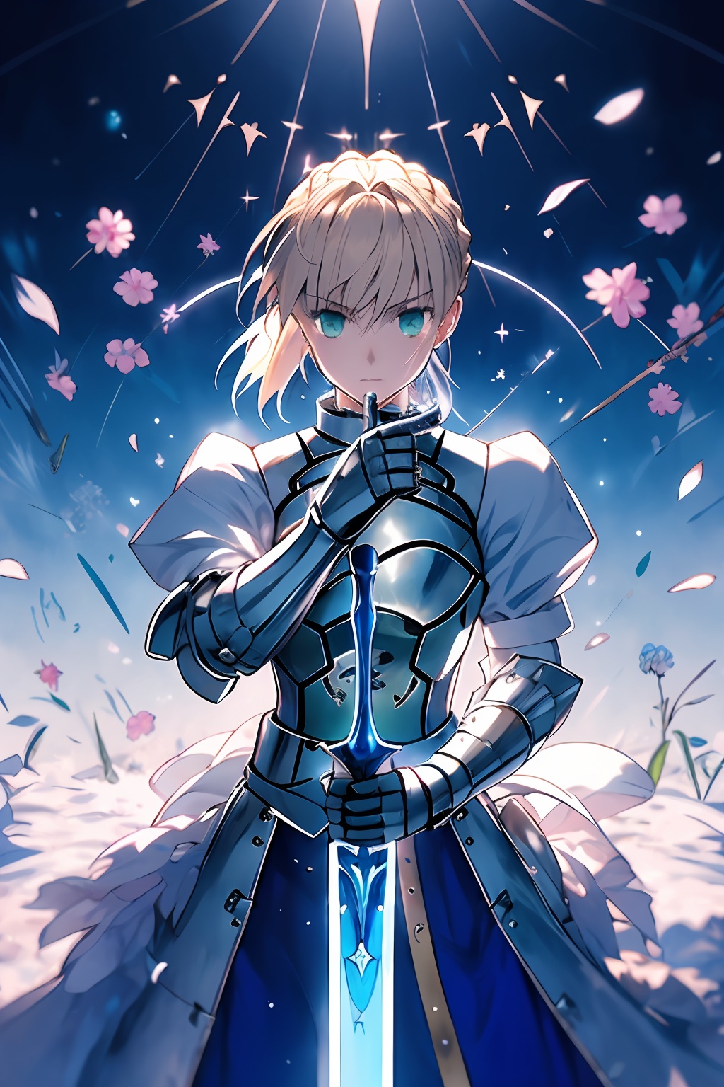 masterpiece,1girl, solo, looking at viewer, short hair, bangs, blonde hair, dress, hair between eyes, green eyes, weapon, braid, flower, ahoge, sword, armor, petals, blue dress, glowing, wind, gauntlets, light particles, french braid, armored dress, faulds, planted, planted sword, excalibur (fate/stay night), hand on hilt, hands on hilt, artoria pendragon (fate), saber,<lora:lbc_saber_v2.0:0.8>,