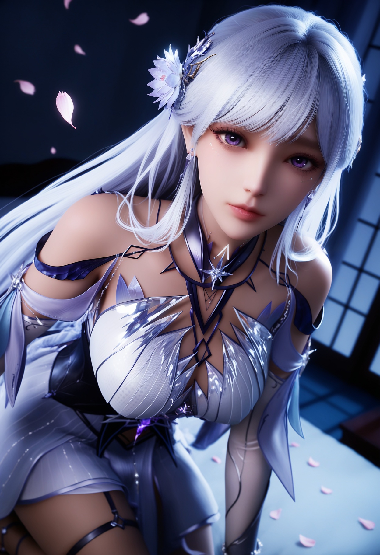 masterpiece,best quality,amazing quality,high resolution,ultra-detailed,absurdres,high res,8K,(looking at viewer:1.1),upper body,(Dark room:1.3),(moody lighting:1.1),falling petals,(large breasts:0.8),shengcaiersjcf,1girl,solo,long hair,hair ornament,white hair,jewelry,purple eyes,earrings,realistic,dress,bare shoulders,hair flower,white dress,lips,nose,pantyhose,strapless,long_dress,strappy heels,high_heels BREAK photorealistic details,<lora:QQSillshengcaiersjcfV1:0.8>,