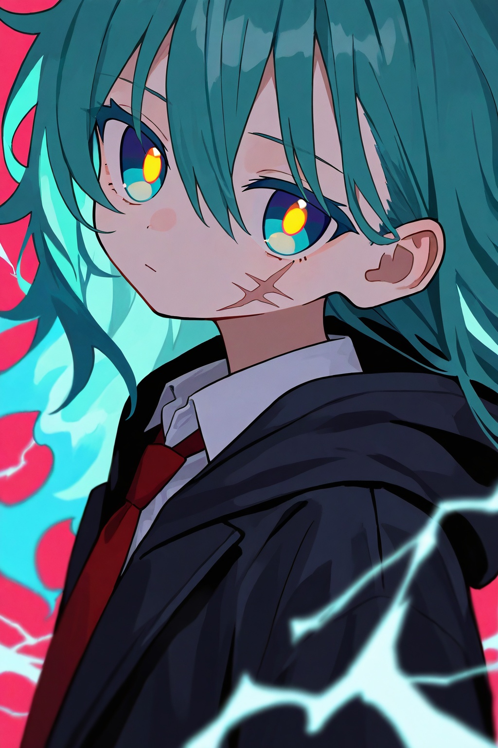 1girl, solo, long hair, looking at viewer, blue eyes, simple background, shirt, hair between eyes, closed mouth, jacket, white shirt, upper body, necktie, collared shirt, hood, blurry, from side, black jacket, aqua eyes, looking to the side, eyelashes, hoodie, aqua hair, depth of field, expressionless, scar, pink background, hood down, red necktie, spiked hair, messy hair, hooded jacket, red background, scar on face, multicolored eyes, colored eyelashes, electricity, black hoodie, scar on cheek, yellow pupils, cross scar, fiery hair
