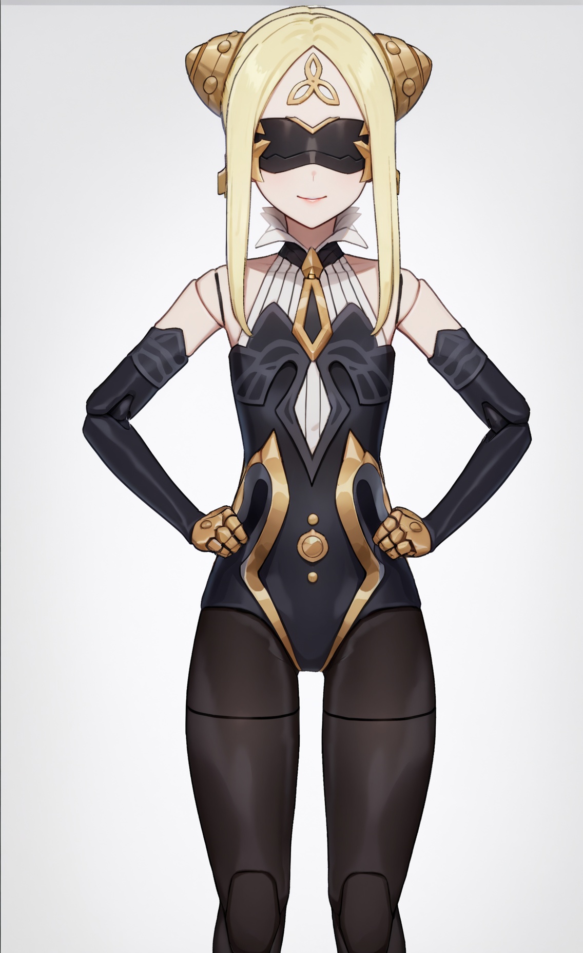 8k, best quality, masterpiece, (ultra-detailed), (high detailed skin), (white background:1.3), (full body:1.25), (white background), standing, looking at viewer, (solo), hands on hips, <lora:qianren-A3-Tanger:0.8>, qianren, qianren's def clothes, 1girl, blonde hair, pantyhose, joints, shoes,(beautiful_face), ((intricate_detail)), clear face, ((finely_detailed)), fine_fabric_emphasis, ((glossy)), full_shot, 